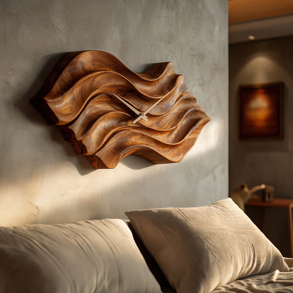 Modern Wooden Wall Clock With Organic Wavy Form For Bedroom RTTHTTWAC011