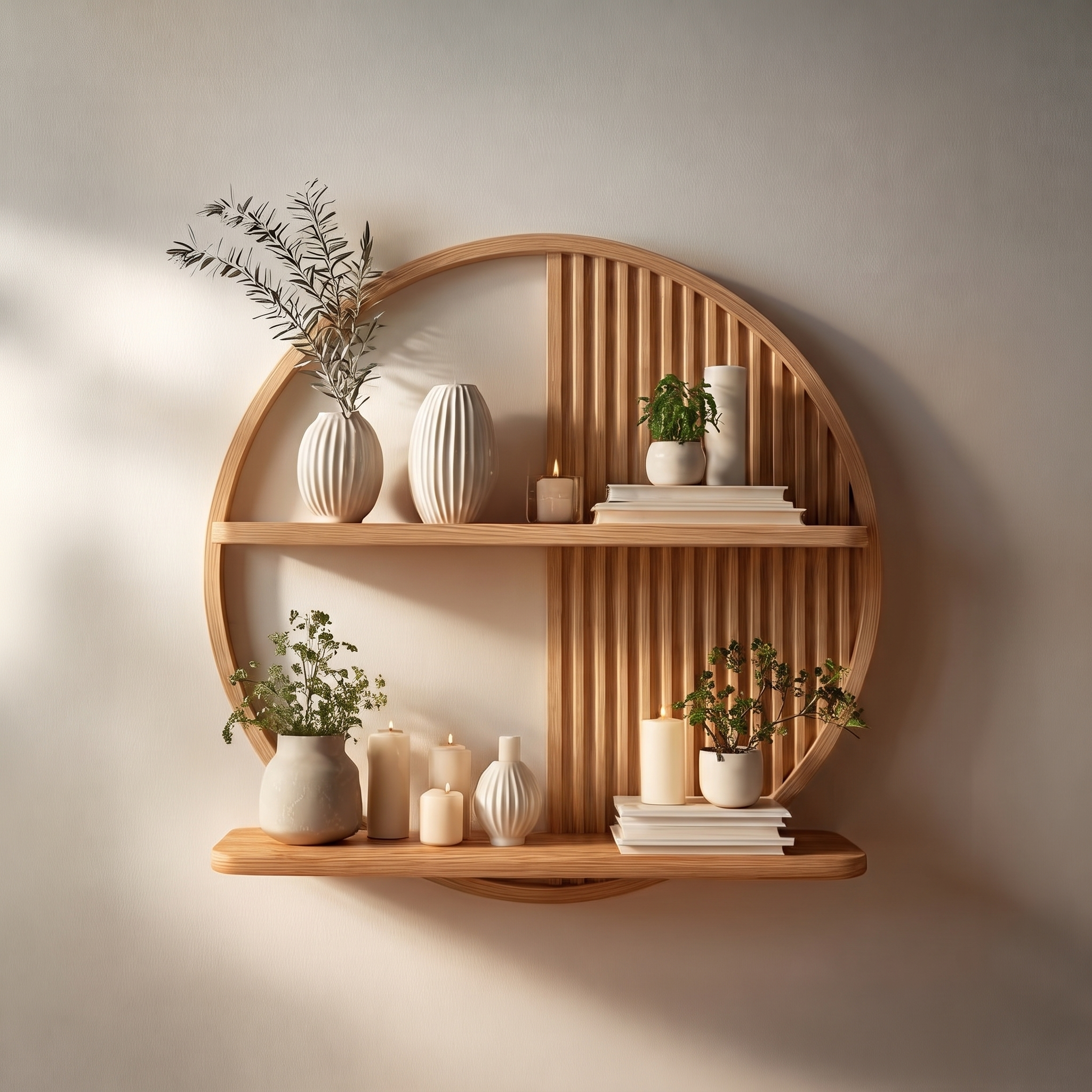 Contemporary Round Solid Wood Wall Shelf Living Room Decor SINLSAFL080