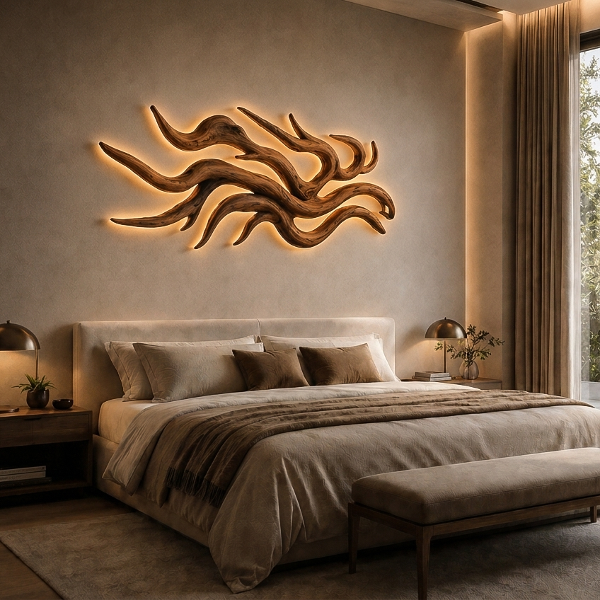 Artistic Wood Wall Light Flowing Root Design For Bedroom Decor RTTHTTLAM060