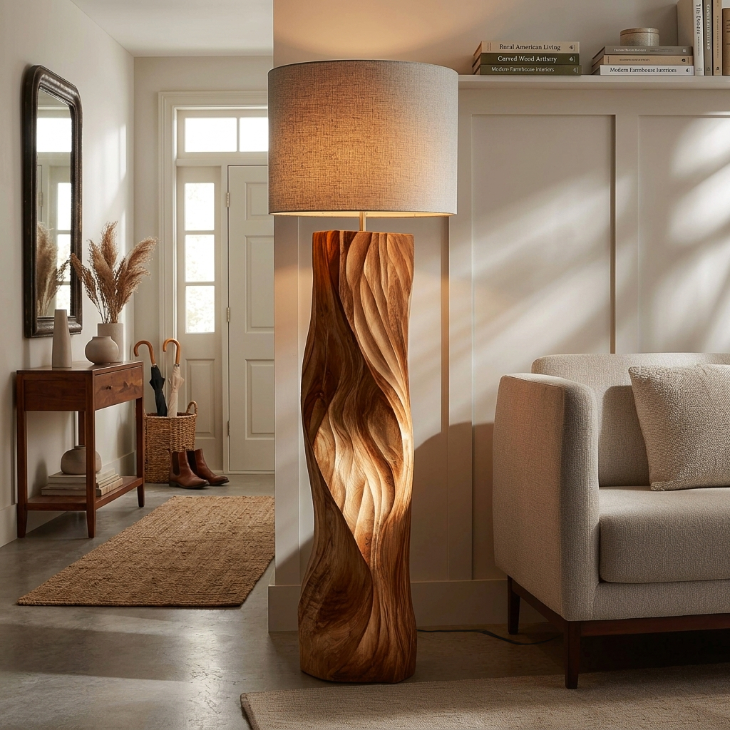 Contemporary Wood Floor Lamp Sculptural Design For Home Lobby RTTHTTLAM046