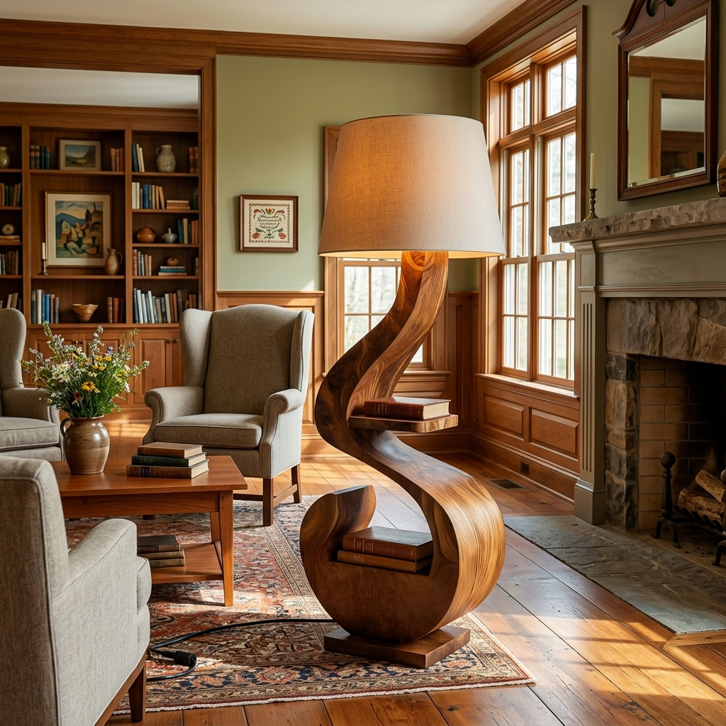 Sculptural Natural Wood Floor Lamp With Shelf For Living Room RTTHTTLAM040
