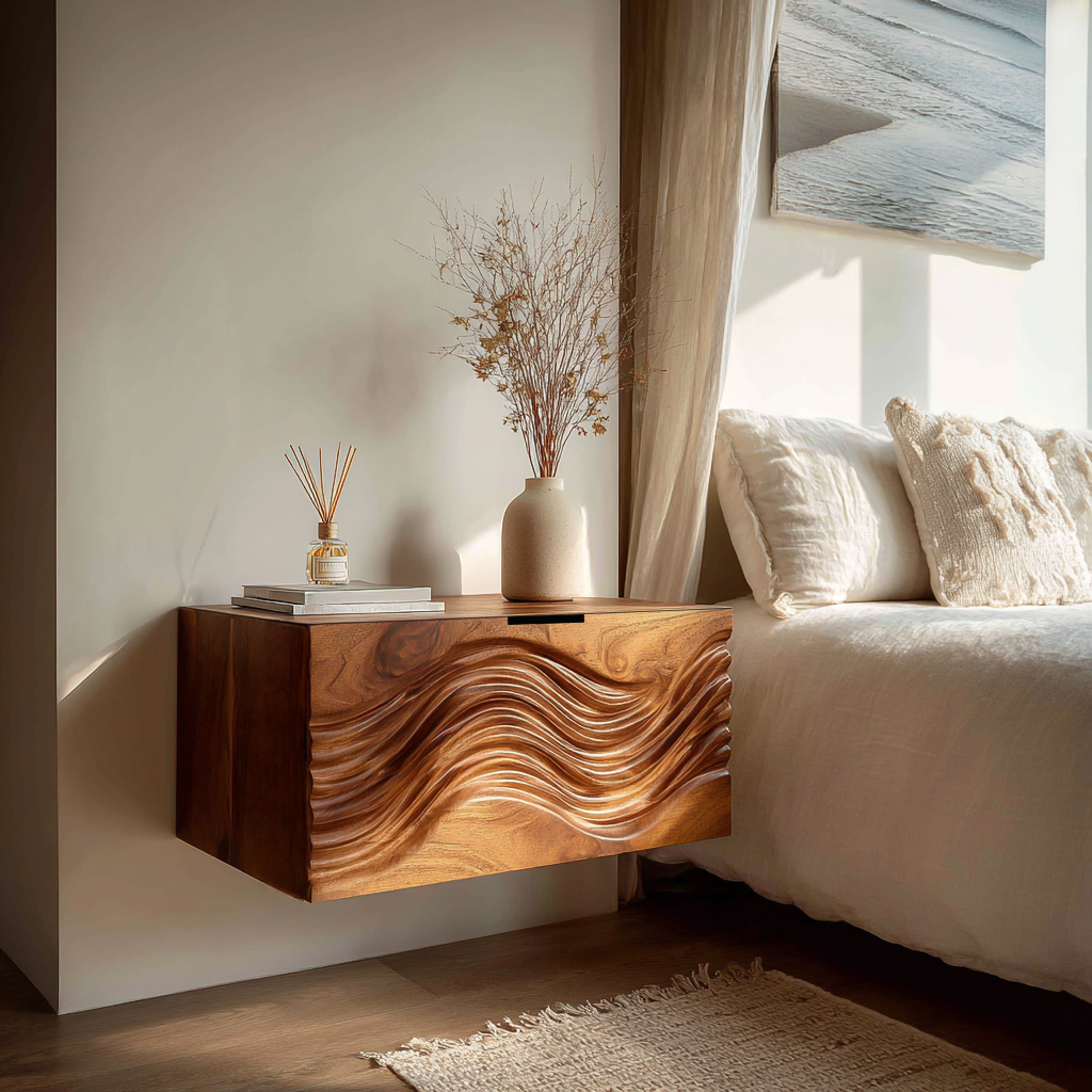 Modern Wooden Floating Nightstand With Wave Carved Front For Bedroom RTTHTTNS027