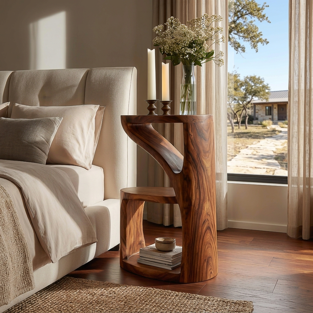 Elegant Wooden Nightstand With Sculptural Two Level For Bedroom RTTHTTNS036