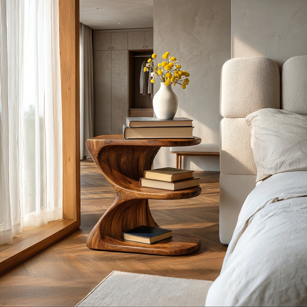Modern Natural Wood Nightstand With E Shape For Bedroom RTTHTTNS041