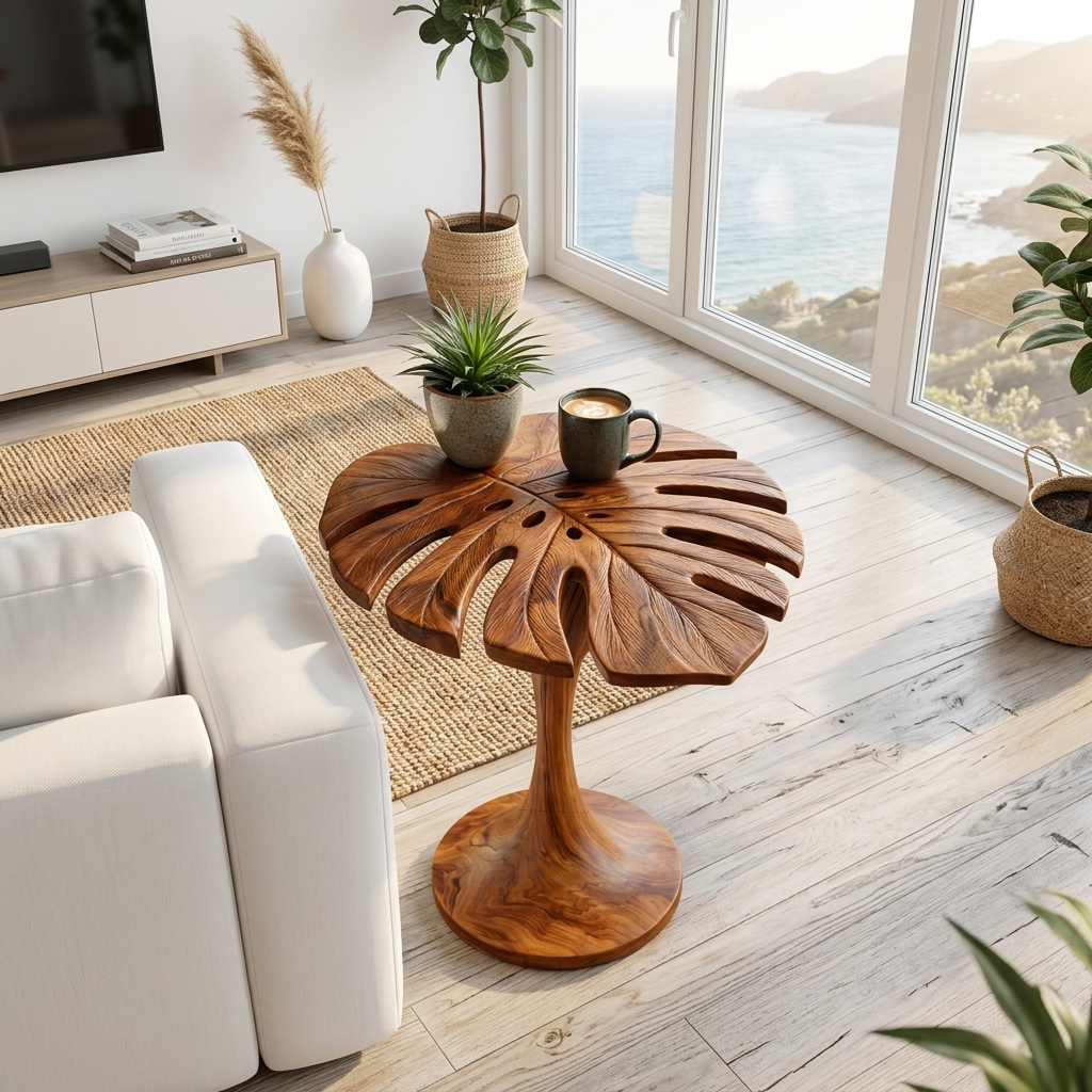 Handmade Wooden Side Table Leaf Shape Top For Sofa Side RTTHTTSTA067