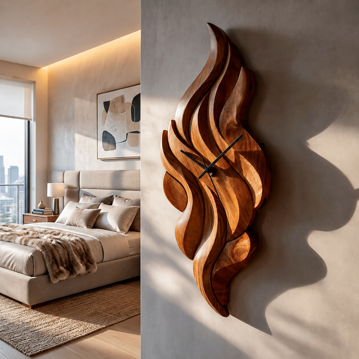 Modern Wooden Wall Clock With Sculptural Wave Carving For Interior RTTHTTWAC006