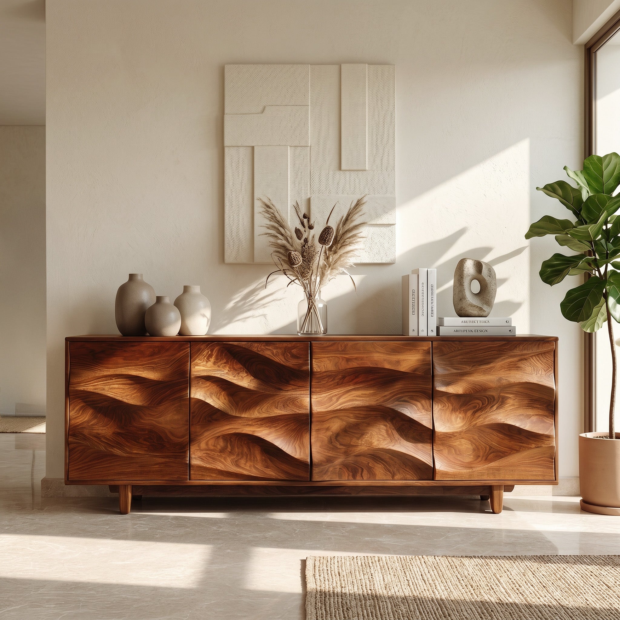 Rustic Wooden Sideboard With Undulating Doors For Living Room RTTHHNSD040