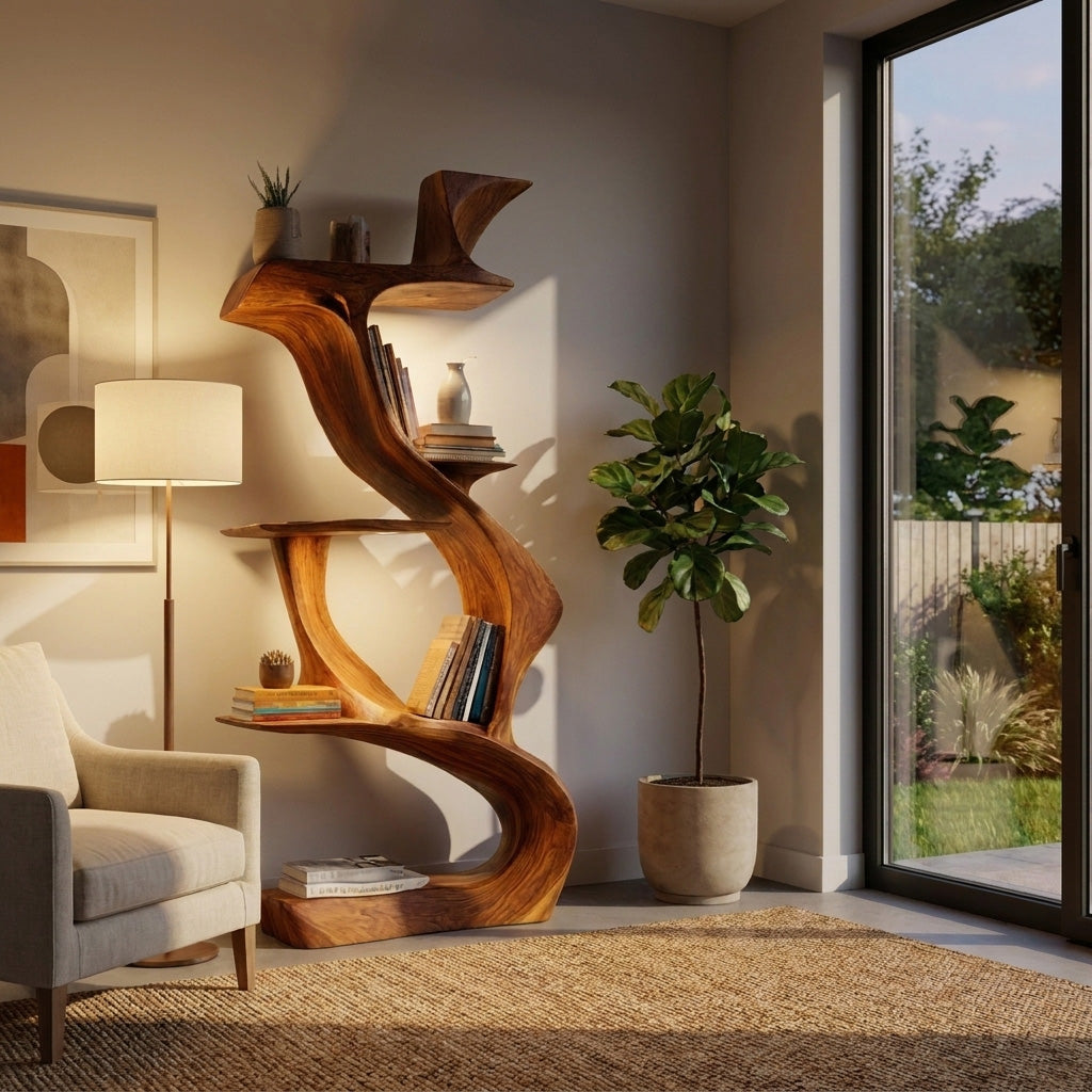 Sculptural Natural Wood Bookshelf For Living Room RTTHHNBS167