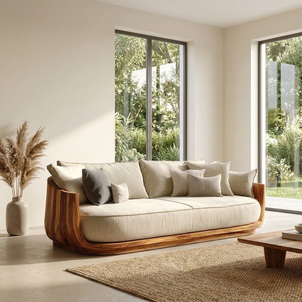 Modern Wooden Sofa With Flowing Rounded Edges For Home RTTHHNSFA044