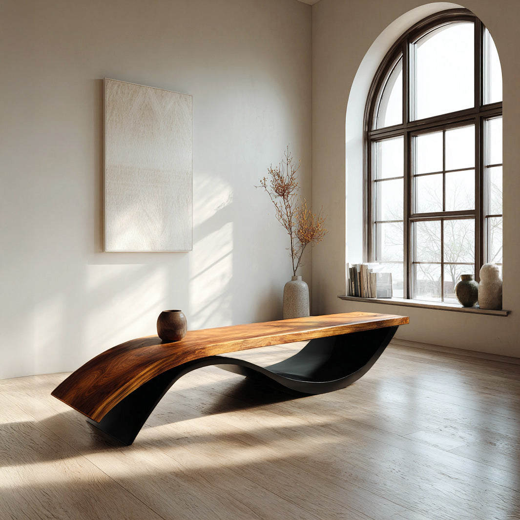 Handcrafted Wooden Bench With Unique Undulating Form For Living Room RTTHHNCHR160