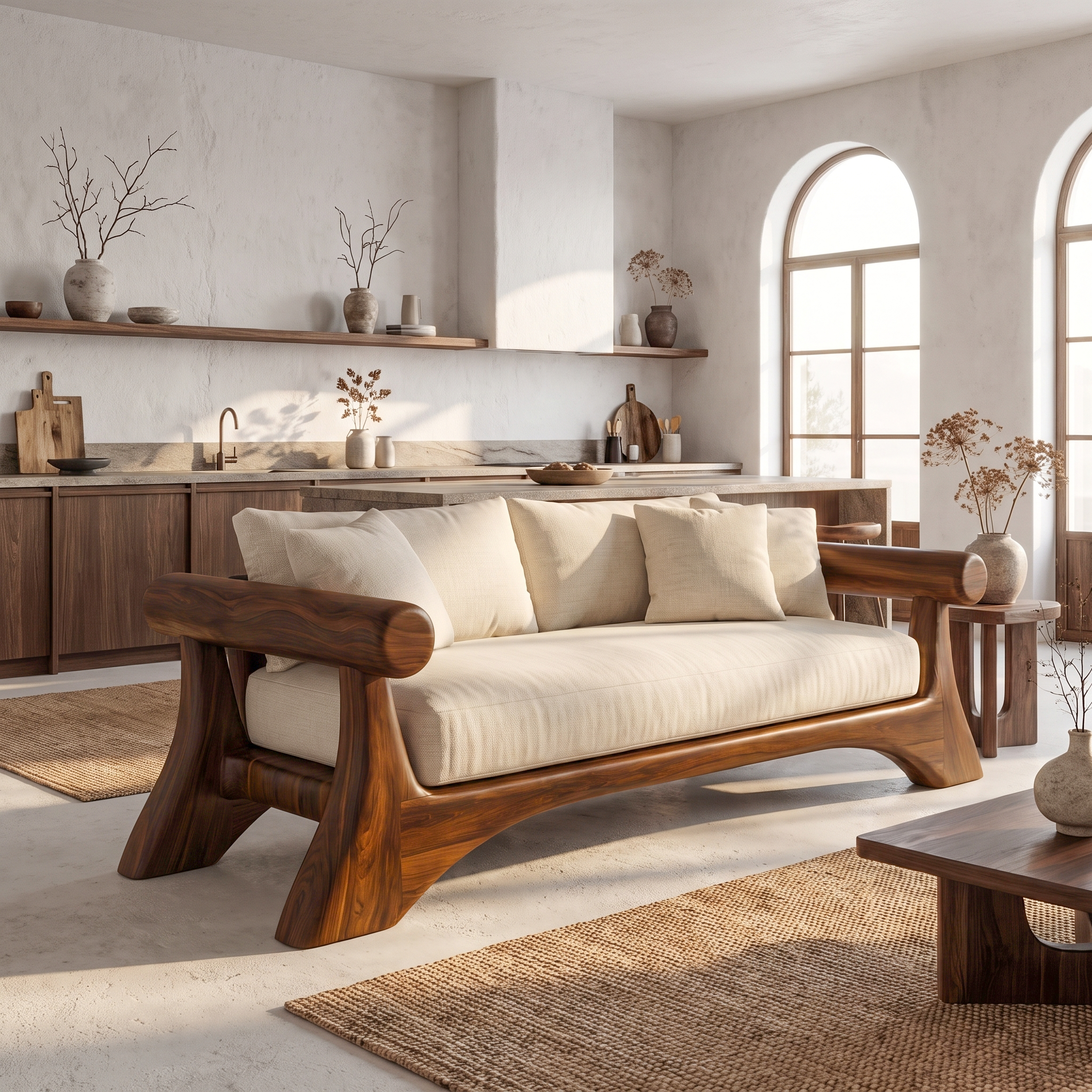 Minimalist Sofa Frame With Curved Solid Wood Arms For Living Room SINLSASF047