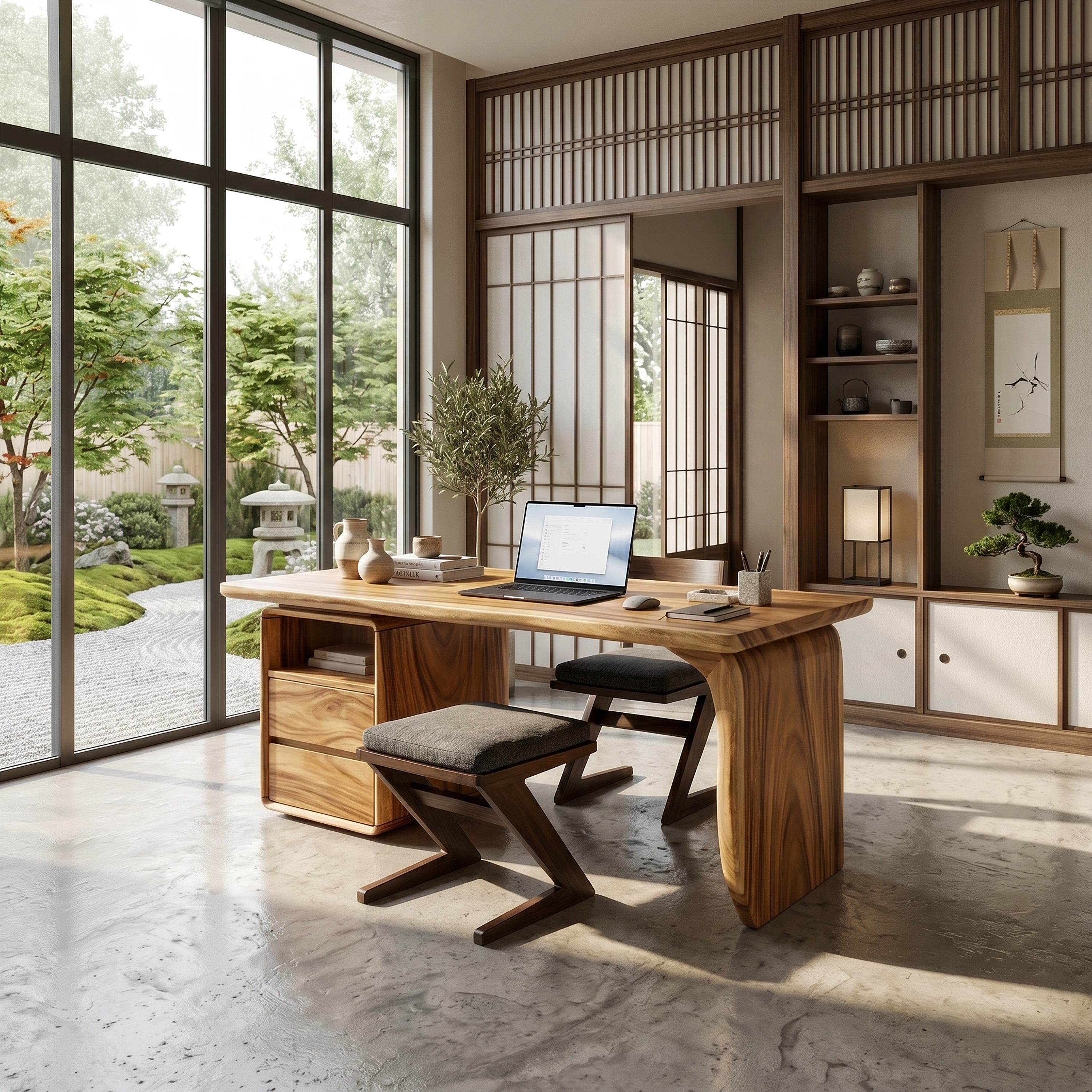 Japandi Study Desk With Curved Legs For Zen Office Room SILDTTRDE004