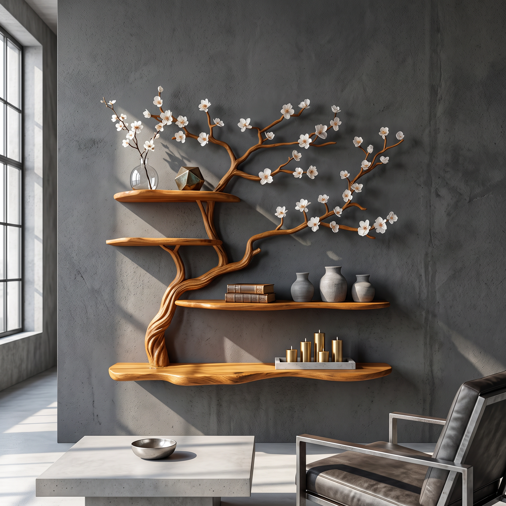 Rustic Blossom Floating Shelf Solid Wood Wall Art Living Room SINLSATBS075
