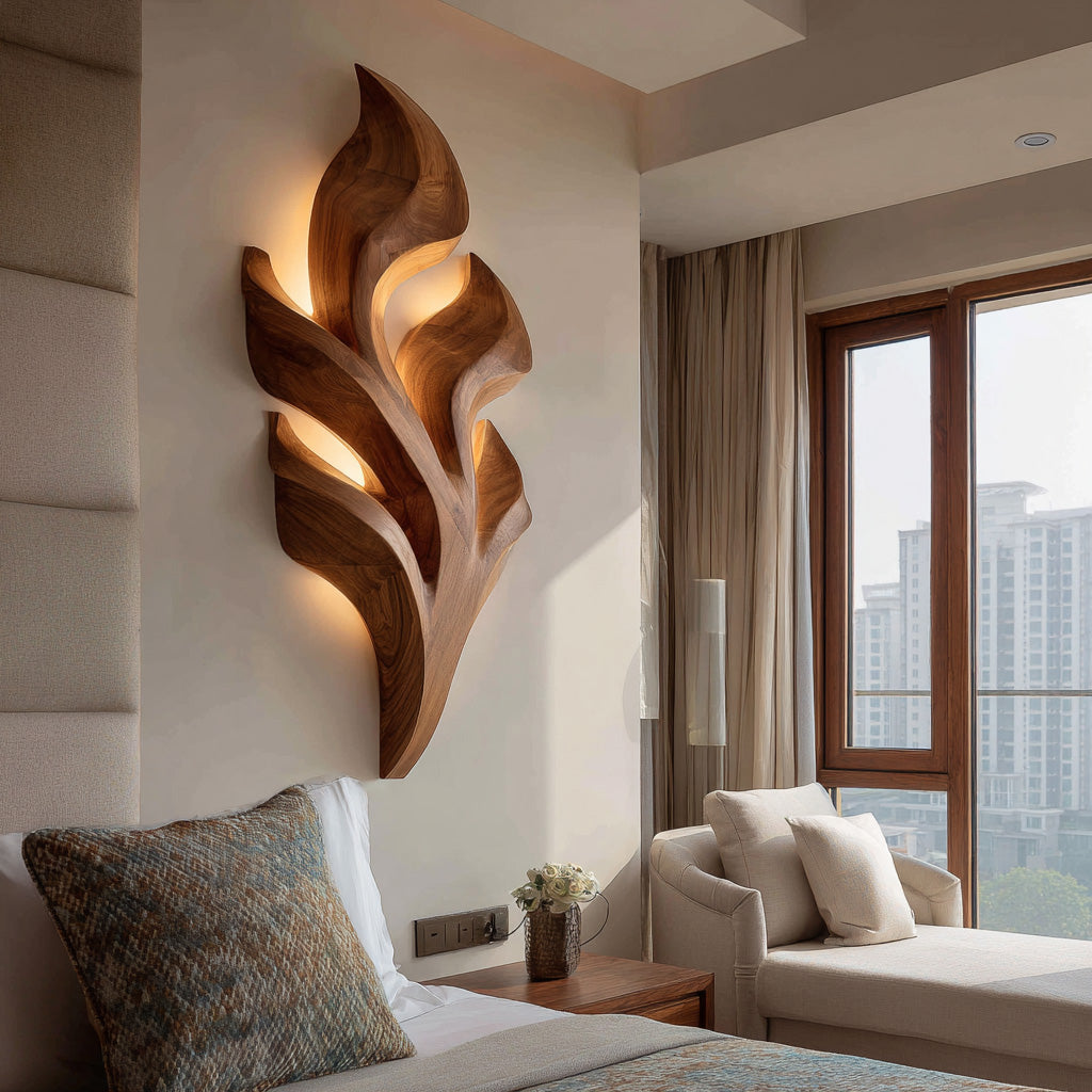 Organic Leaf Wooden Wall Lamp For Bedroom Decor RTTHHNLAM056