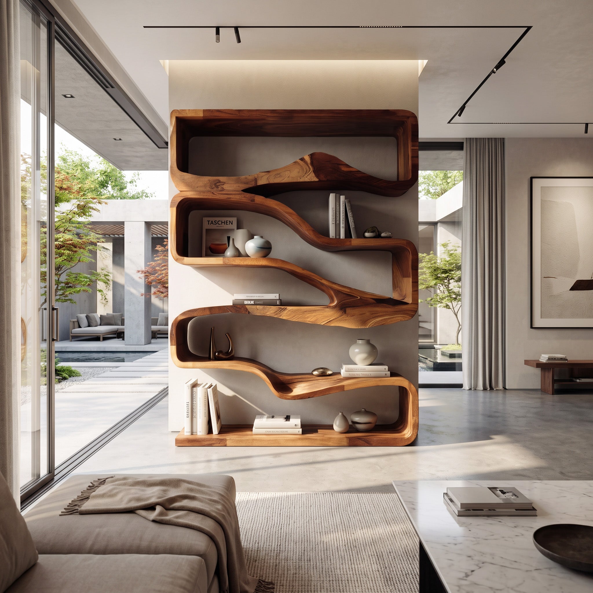 Modern Curved Bookshelf With Flowing Design For Bedroom SITHHNBS033