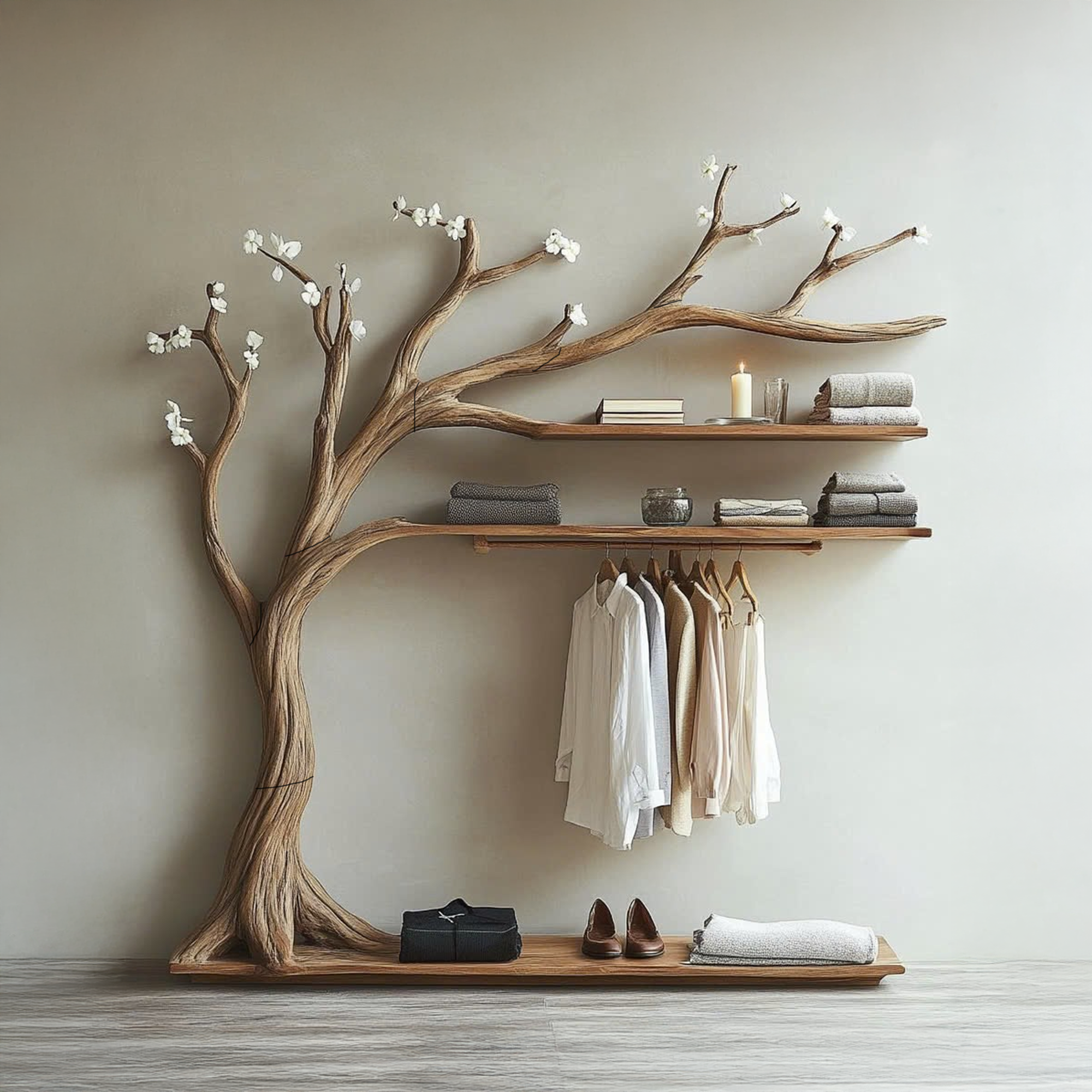 Wooden Wall Mounted Shelf Tree Branch Hanger Clothes SINLTB135