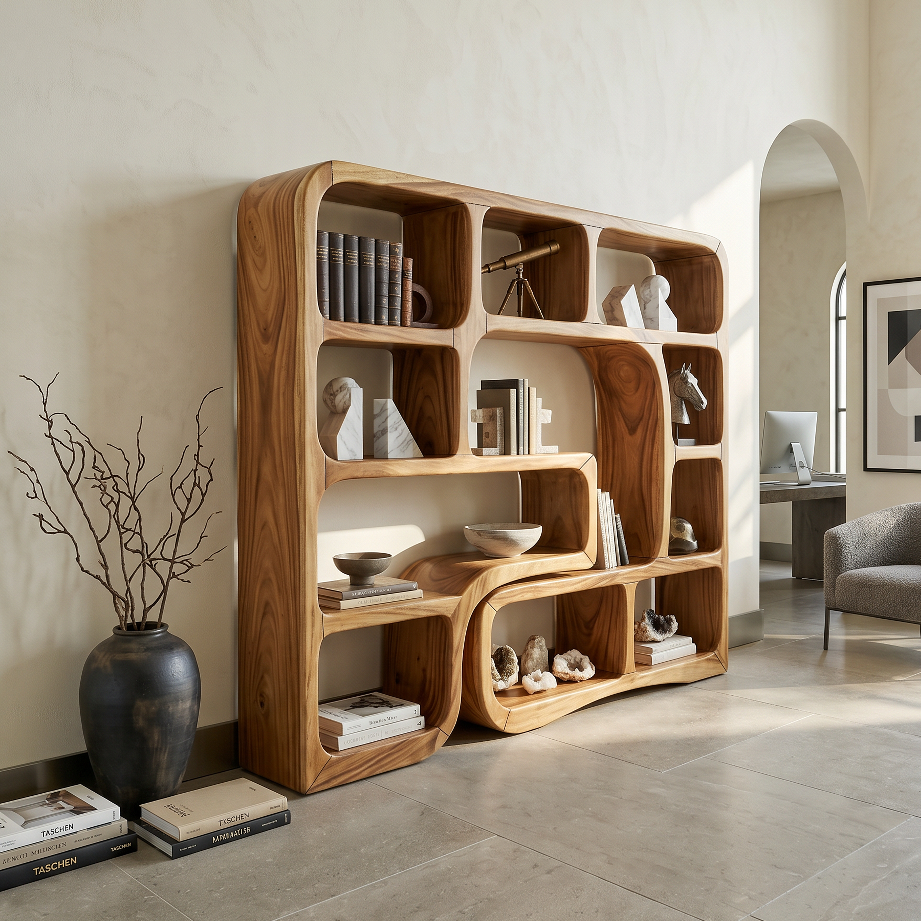 Luxury Wooden Bookcase With Organic Wave Design SILDTTRBS033