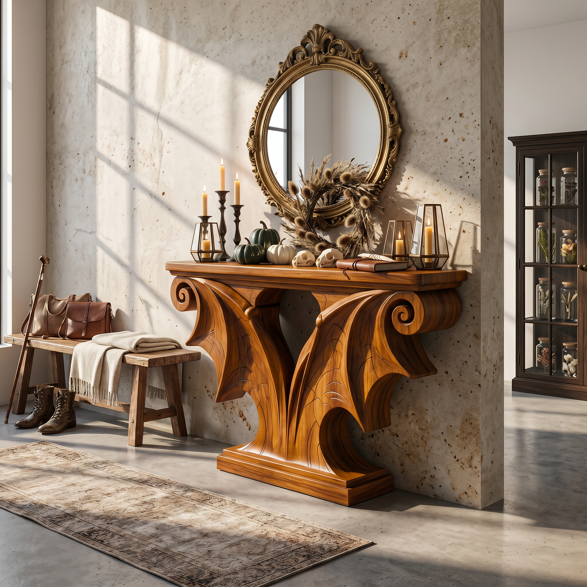 Sculptural Console Table Handcrafted Solid Wood Design For Entryway Living Room SINLSACS676