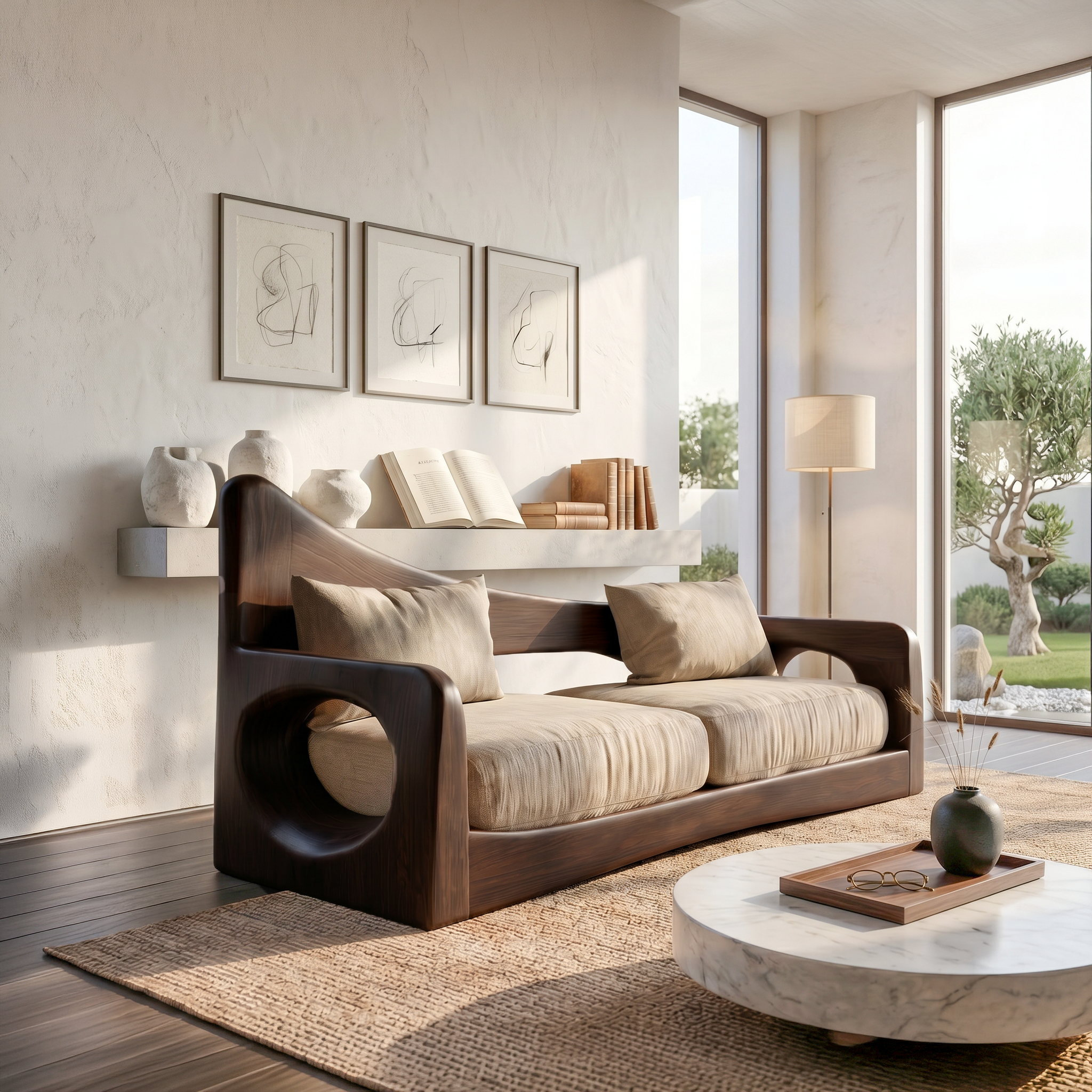 Modern Organic Sofa With Sculptural Perforated Wood Frame SINLSASF042