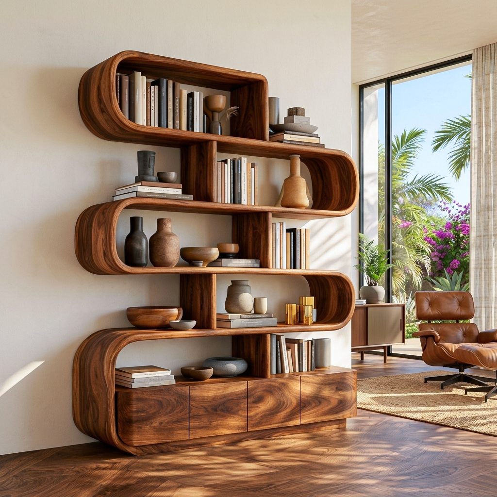 Organic Wooden Bookshelf With Flowing Form For Home Interior RTTHTTBS116