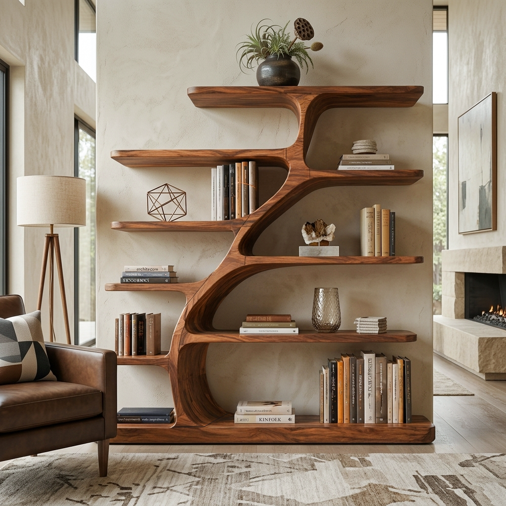 Organic Modern Bookshelf With Flowing Curves For Home Decor RTTHTTBS056