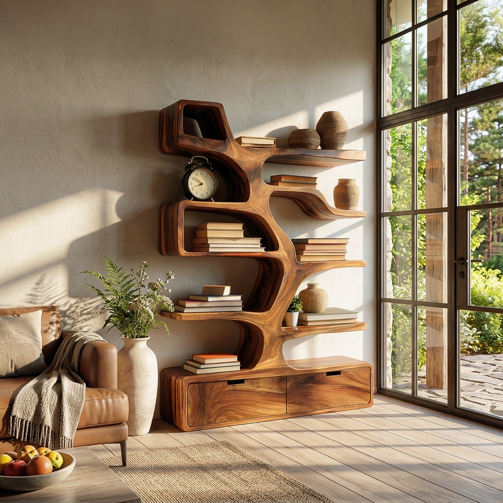 Contemporary Wooden Bookshelf Sculpted Design For Living Space RTTHTTBS125