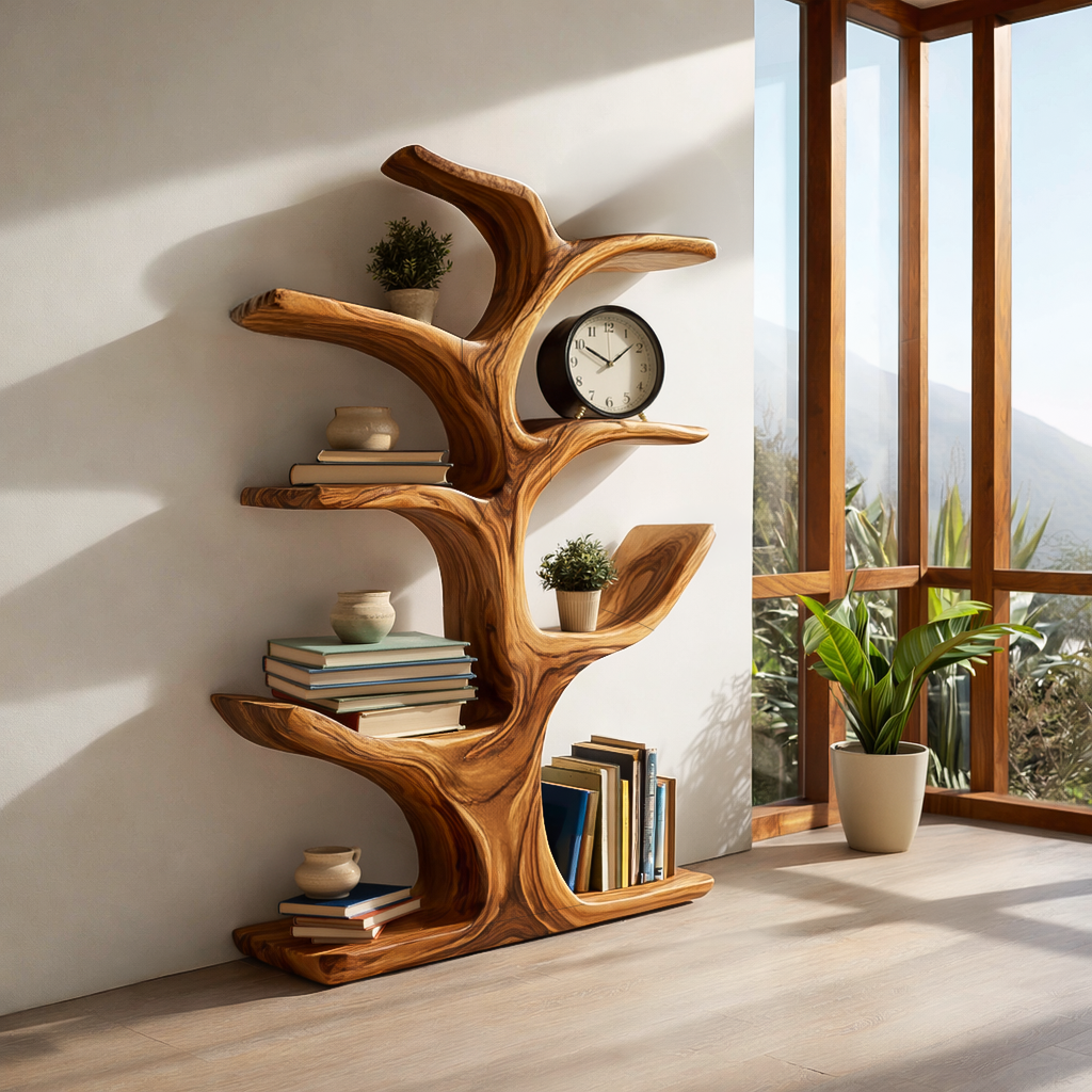 Handmade Wood Bookshelf Sculptural Curved Design For Living Room RTTHTTBS110