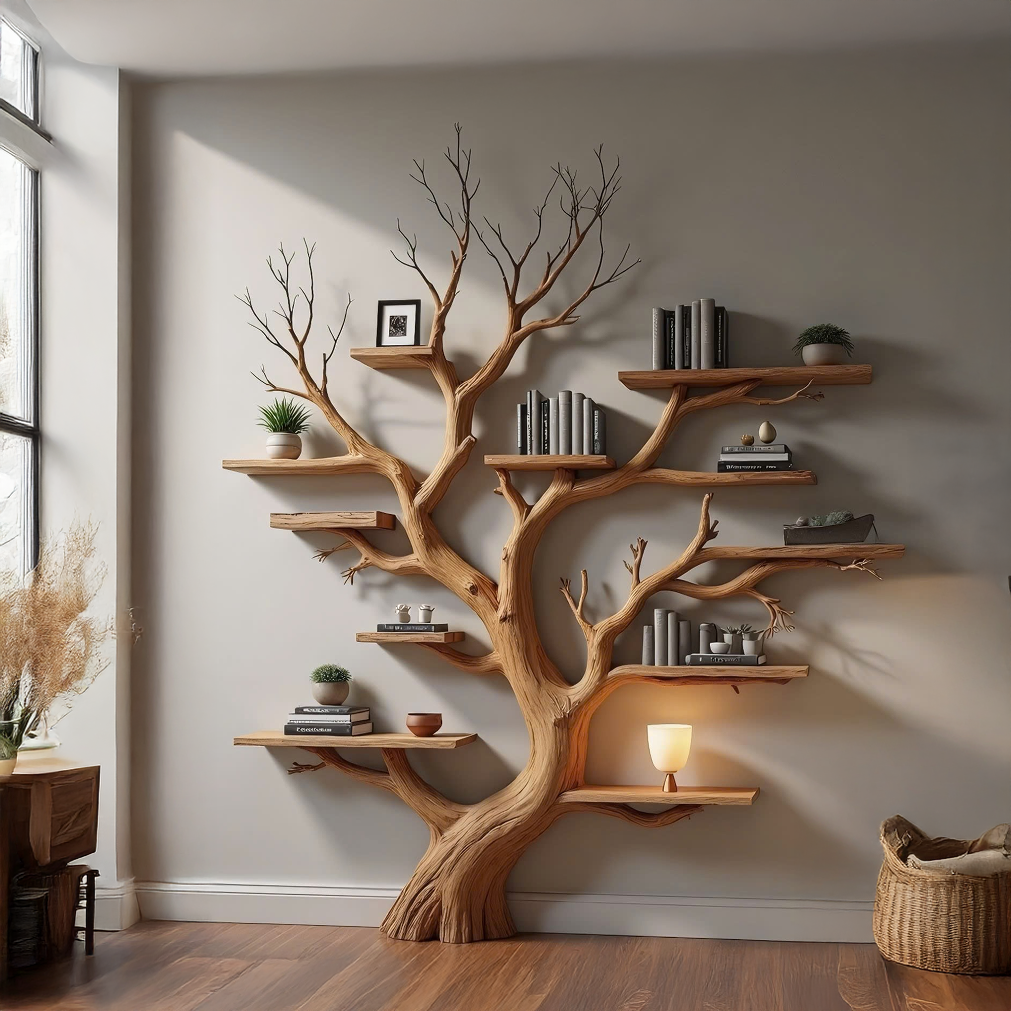 Wood Tree Bookshelf Wal Mounted Shelf Living Room SINLTB126