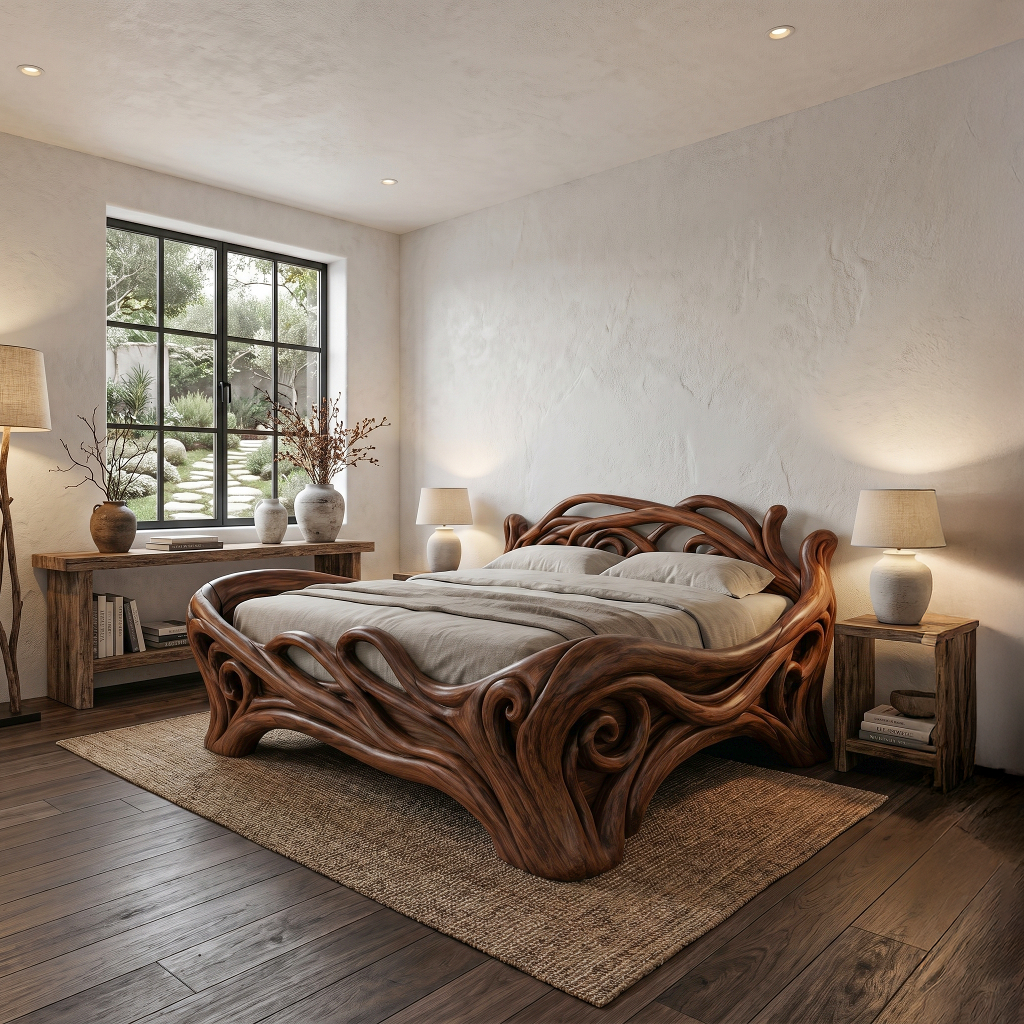 Organic Sculptural Bed Frame With Flowing Root Inspired Wood Design For Bedroom SINLHAWB121