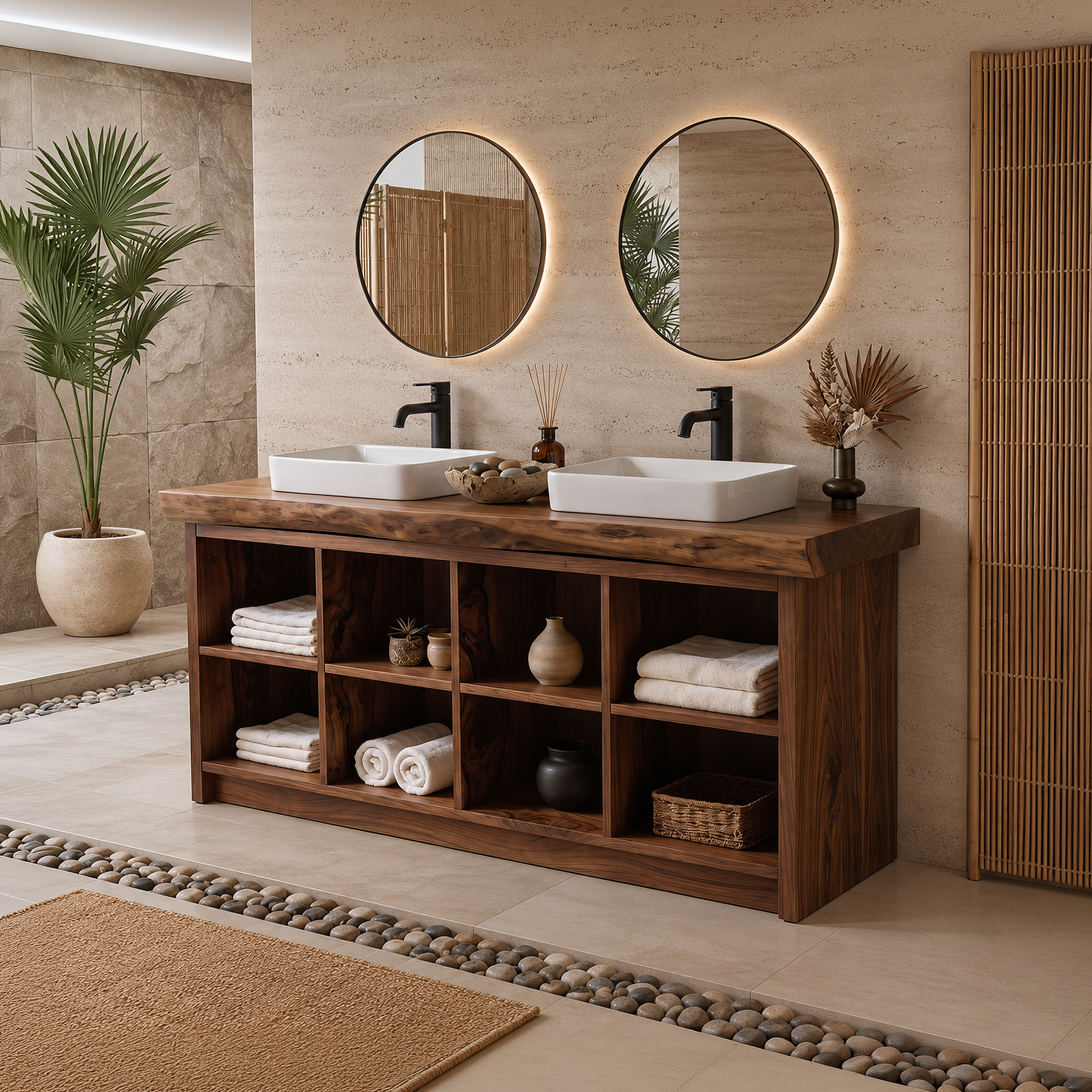 Double Sink Wood Bathroom Vanity With Open Shelves Spa SILDTTRBRV146