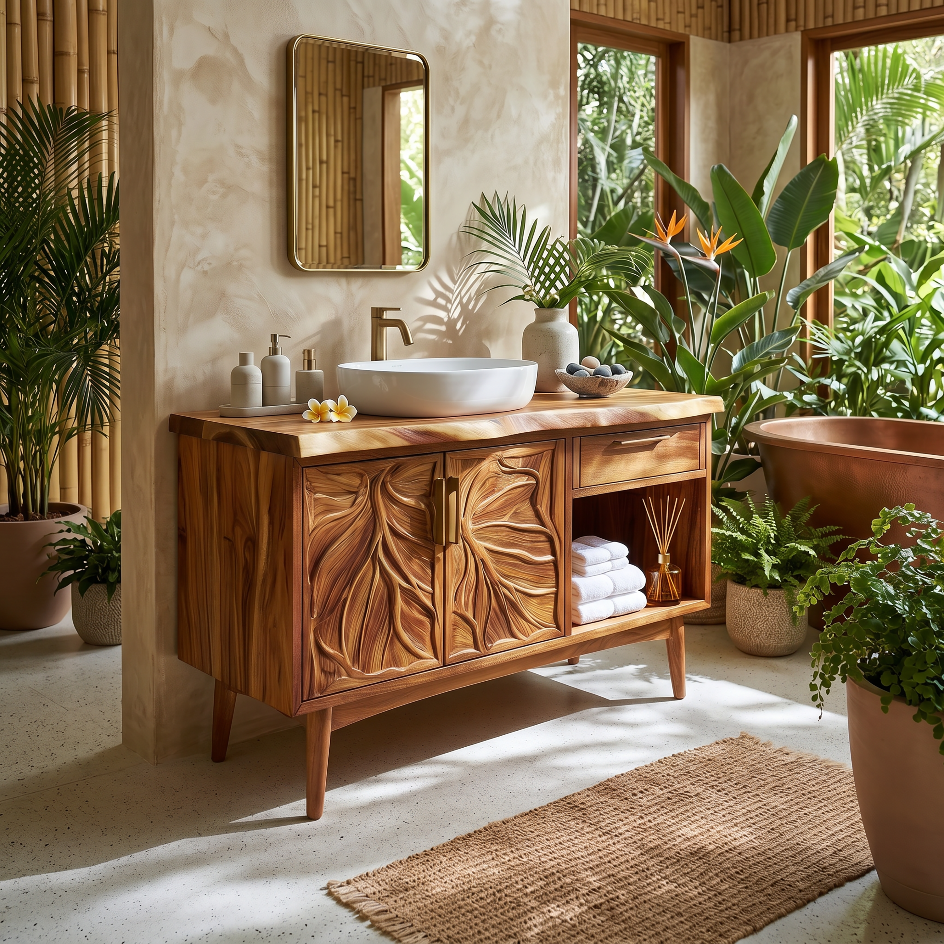 Tropical Wooden Vanity Cabinet With Carved Doors Spa Bathroom SILDTTRBRV142