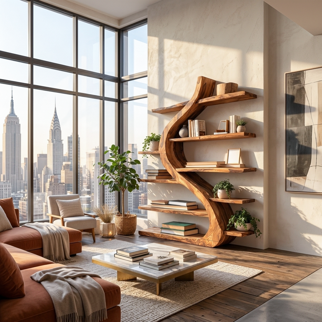 Organic Wooden Bookshelf Soft Curved Design For Home Decor RTTHTTBS124