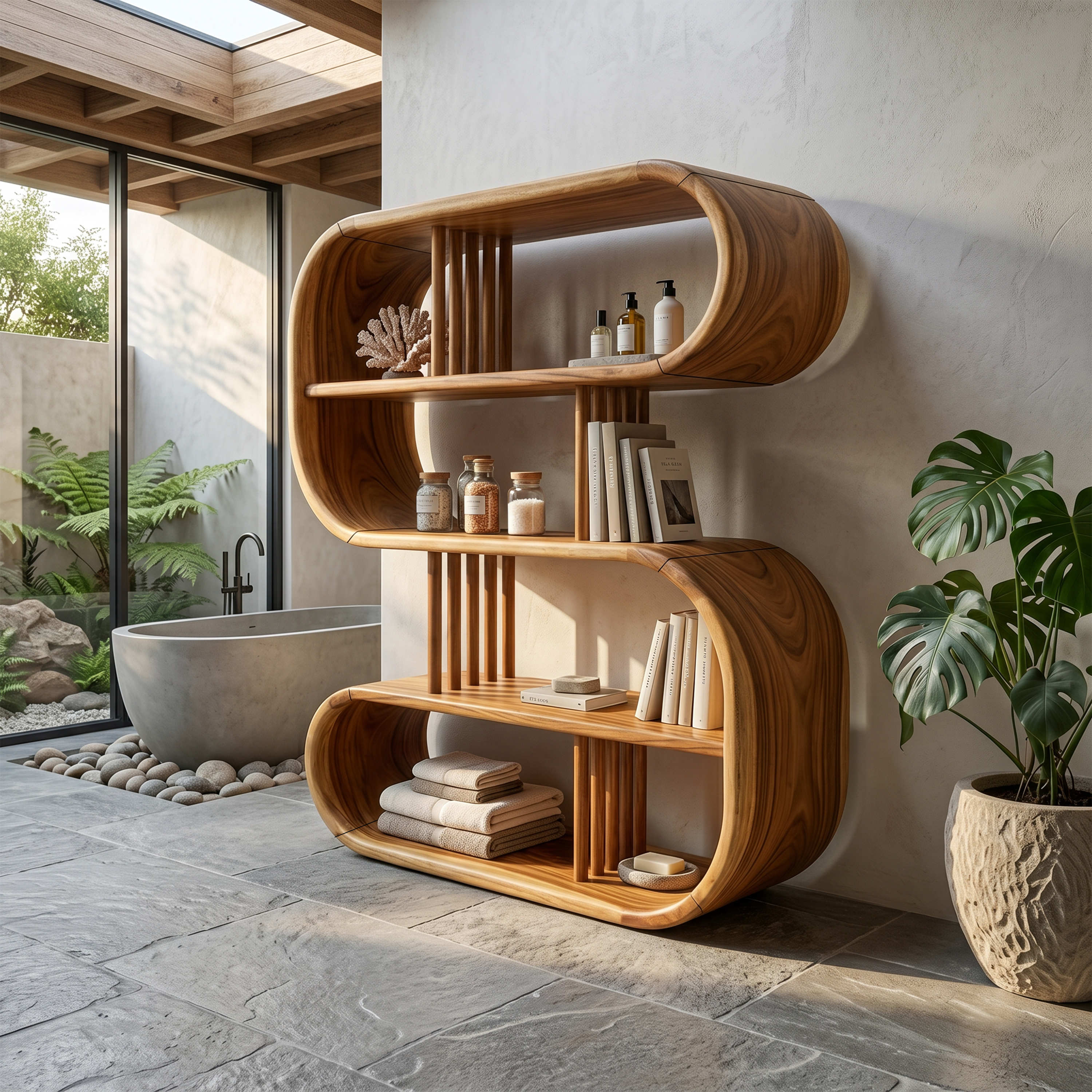 Elegant Curved Wooden Bathroom Shelf With Spa Inspired Design SILDTTRBS058
