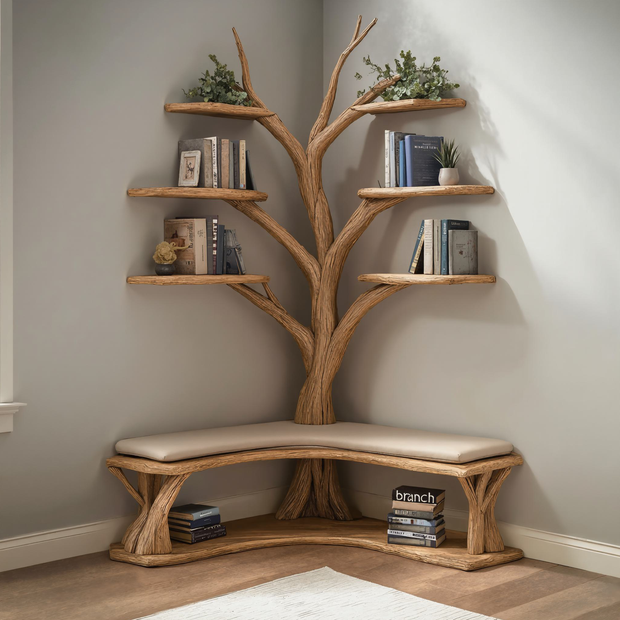 Driftwood Branch Floating Bookshelf Hall Tree With Wood Bench SINLTB10
