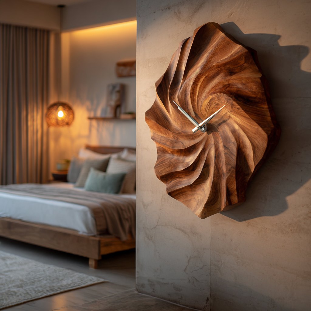 Artistic Wooden Wall Clock With Hand Carved Wave For Statement Bedroom RTTHTTWAC010