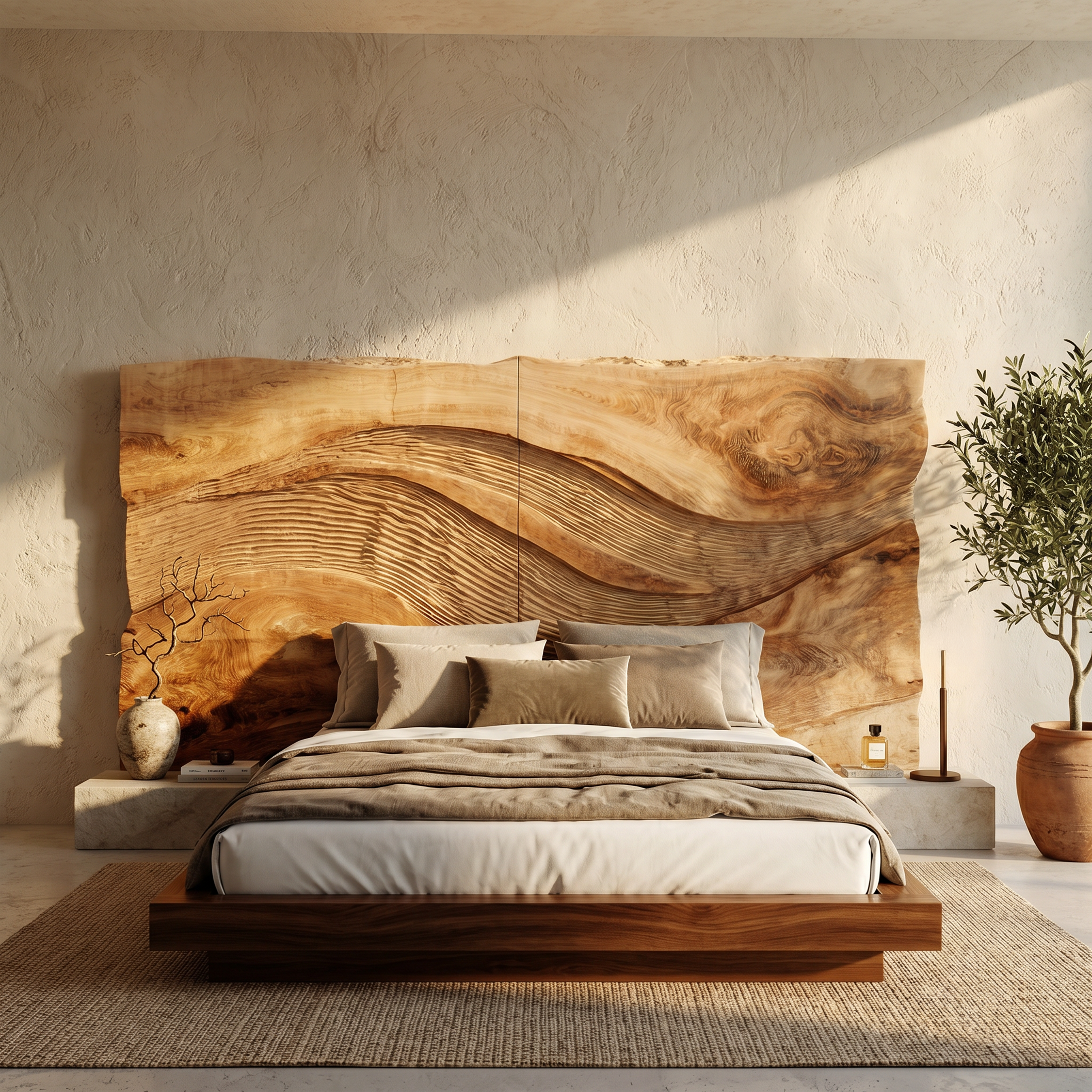 Contemporary Wave Carved Wood Headboard For Warm Minimalist Bedroom SILDTTRHB017