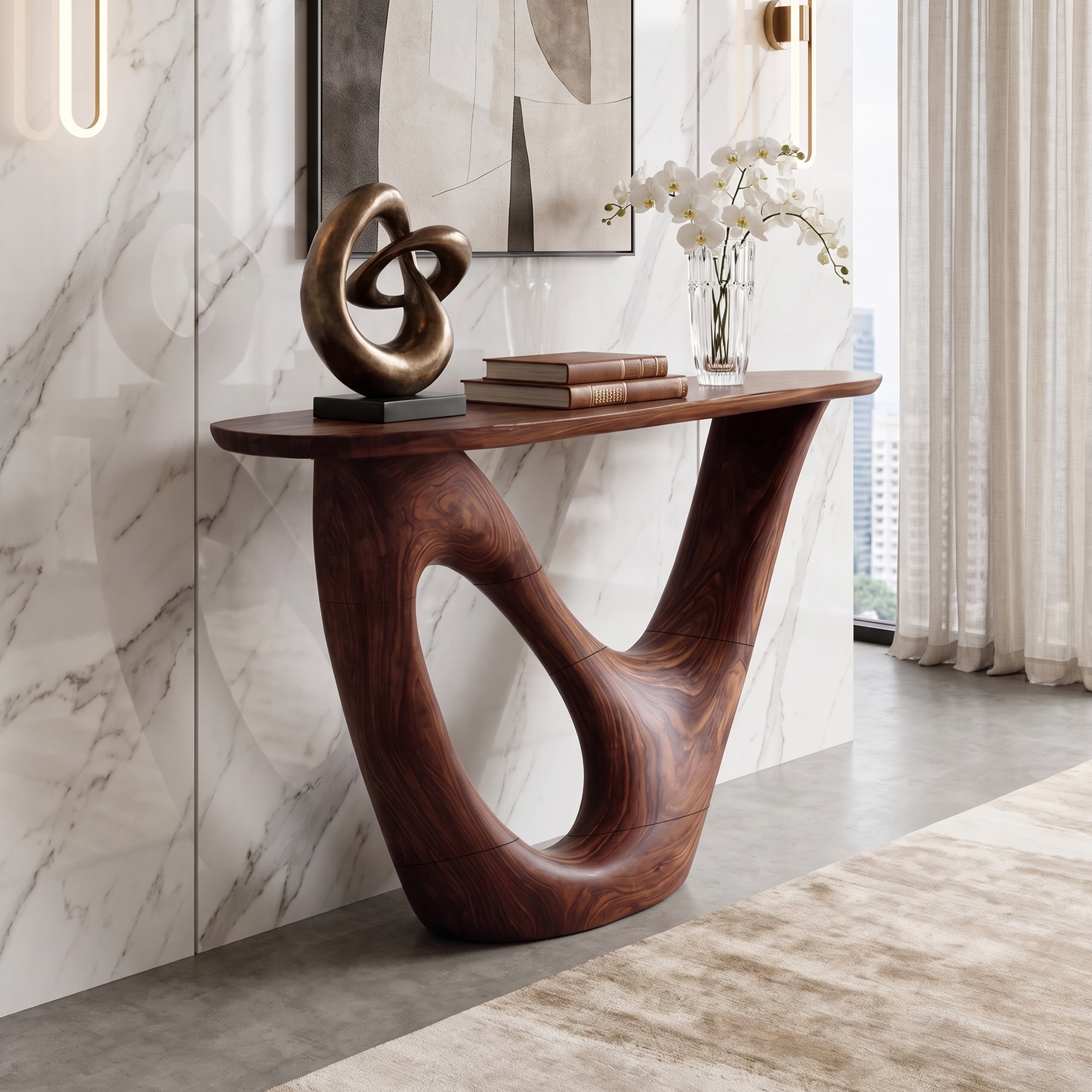 Mid Century Live Edge Console Table Sculptural Solid Wood For Living Room SILDTTNCS069
