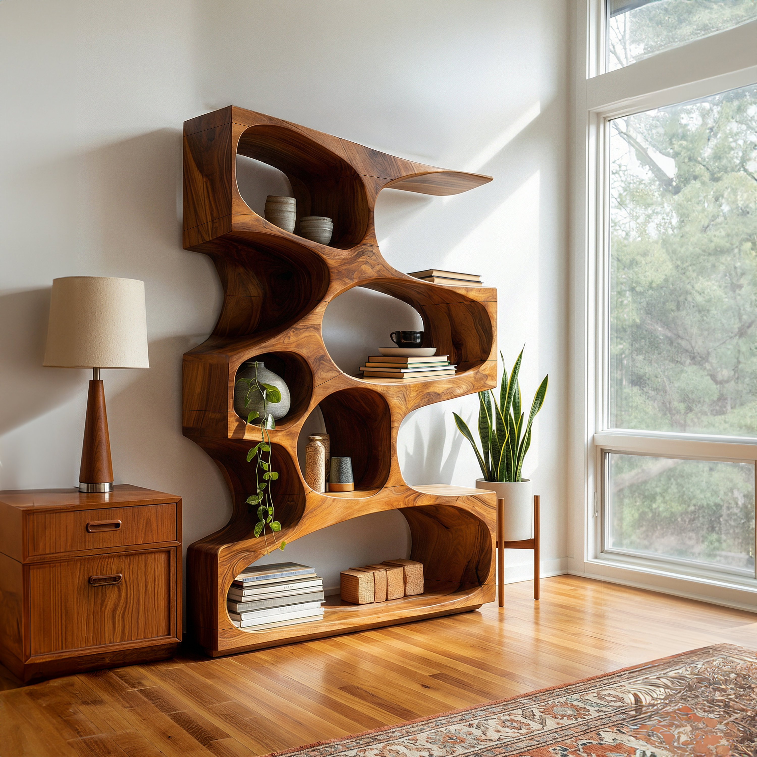 Mid Century Modern Wavy Bookshelf Bedroom Corner Storage SILDTTRBS021