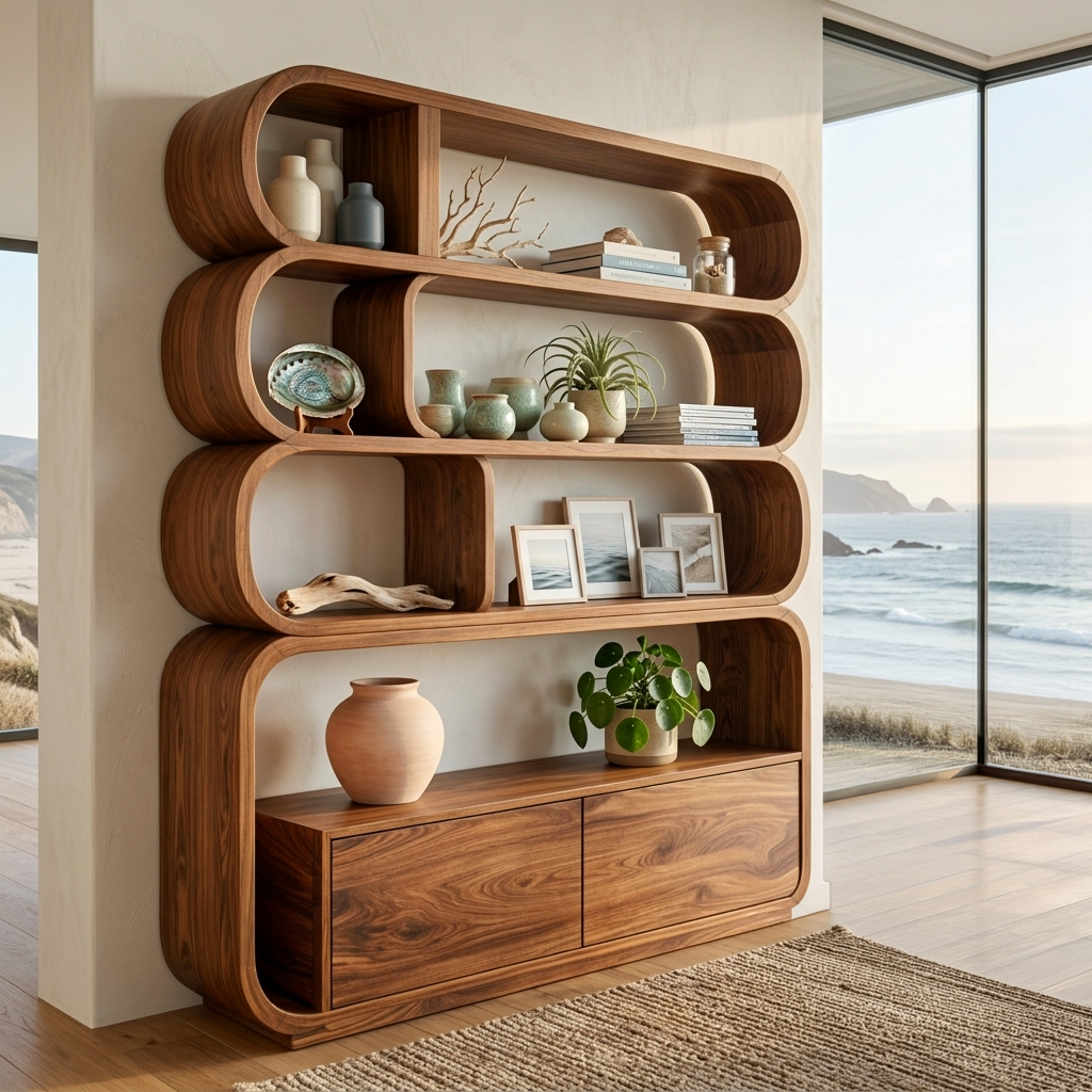 Modern Natural Wood Bookshelf With Curved Structure For Living Room RTTHTTBS117