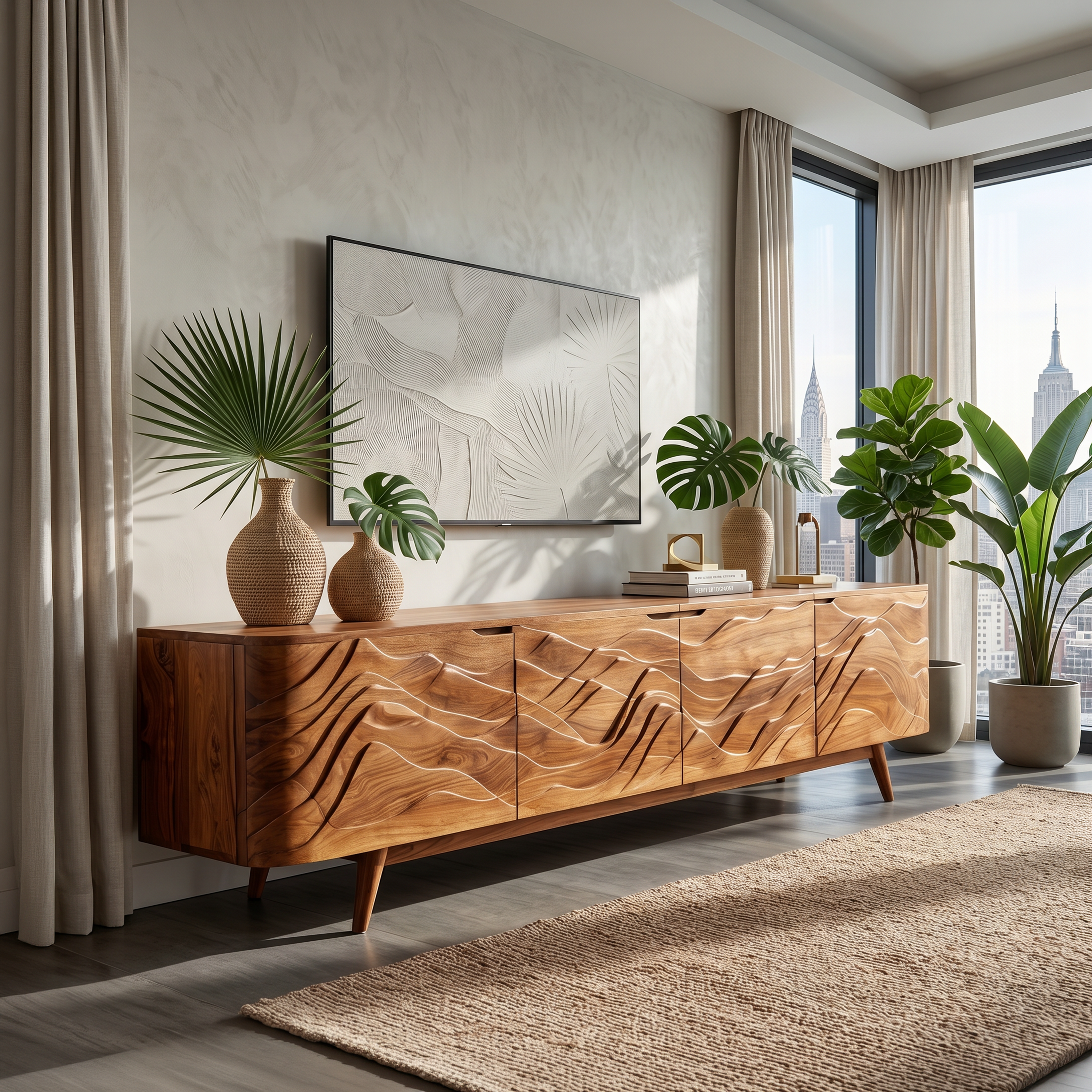 Handcrafted Wave Wood TV Stand For Media Room SILDTTRTVC074