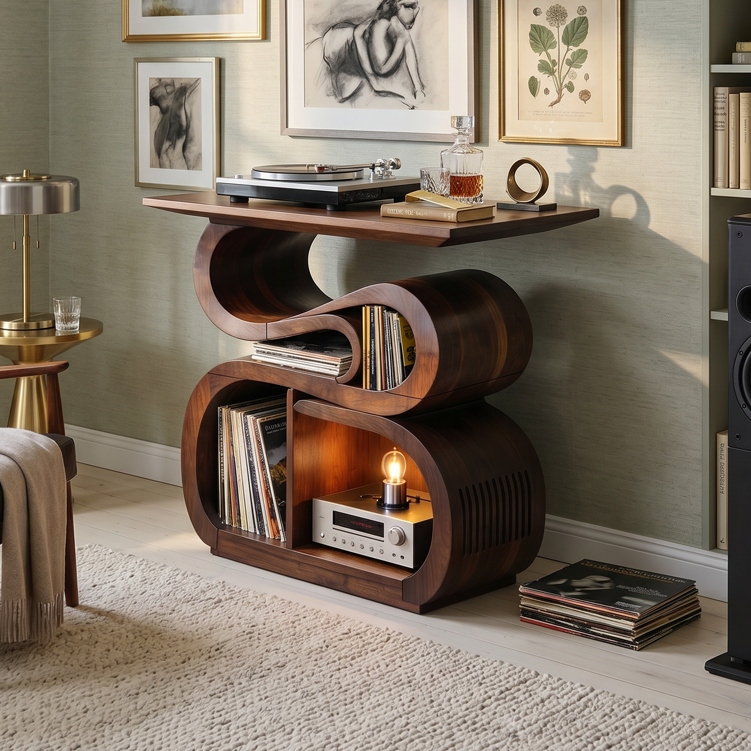 Mid Century Record Console Stand For Vinyl Collection Area SILDTTNRPT030