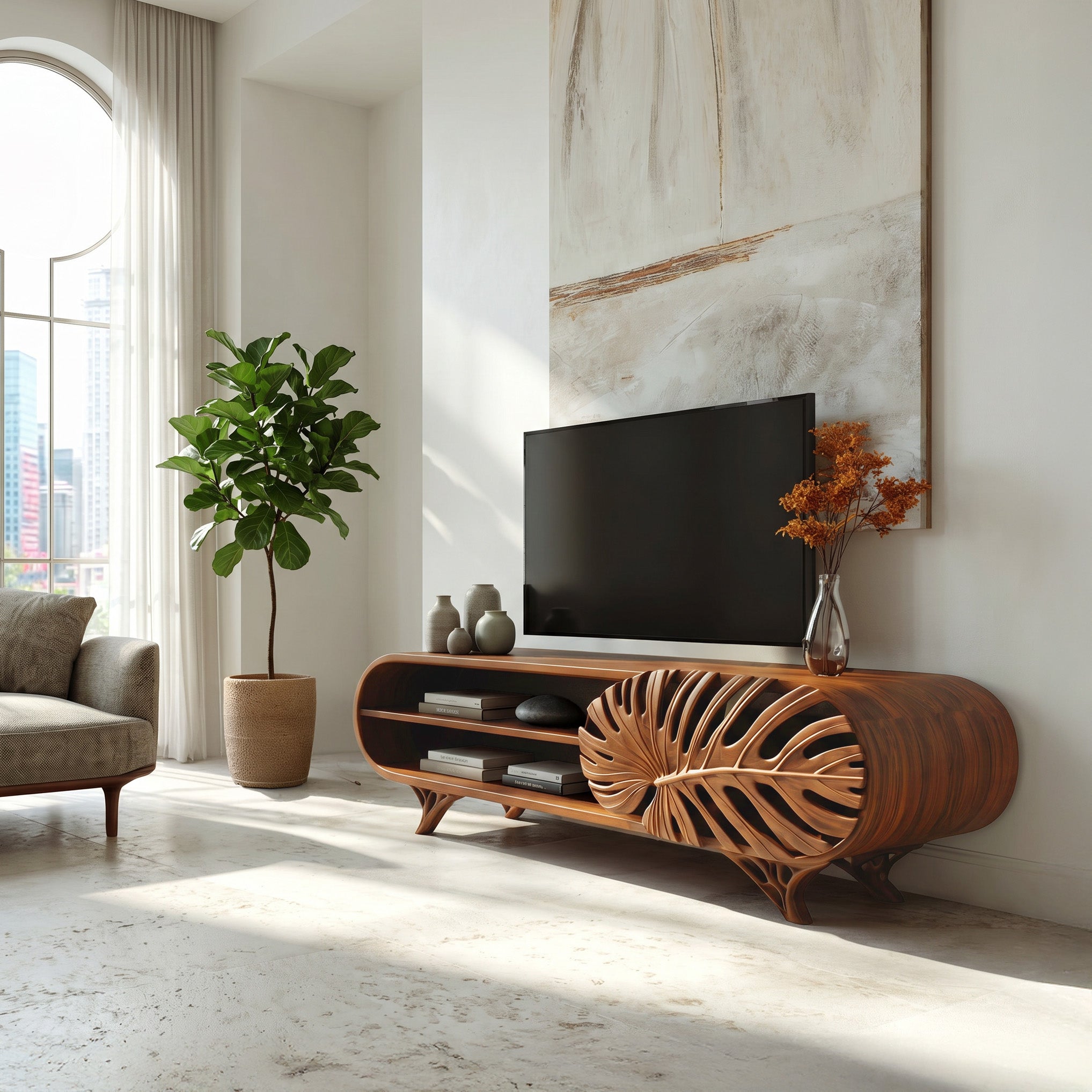 Modern Wooden TV Cabinet With Leaf Shape Door For Living RTTHHNTVC108