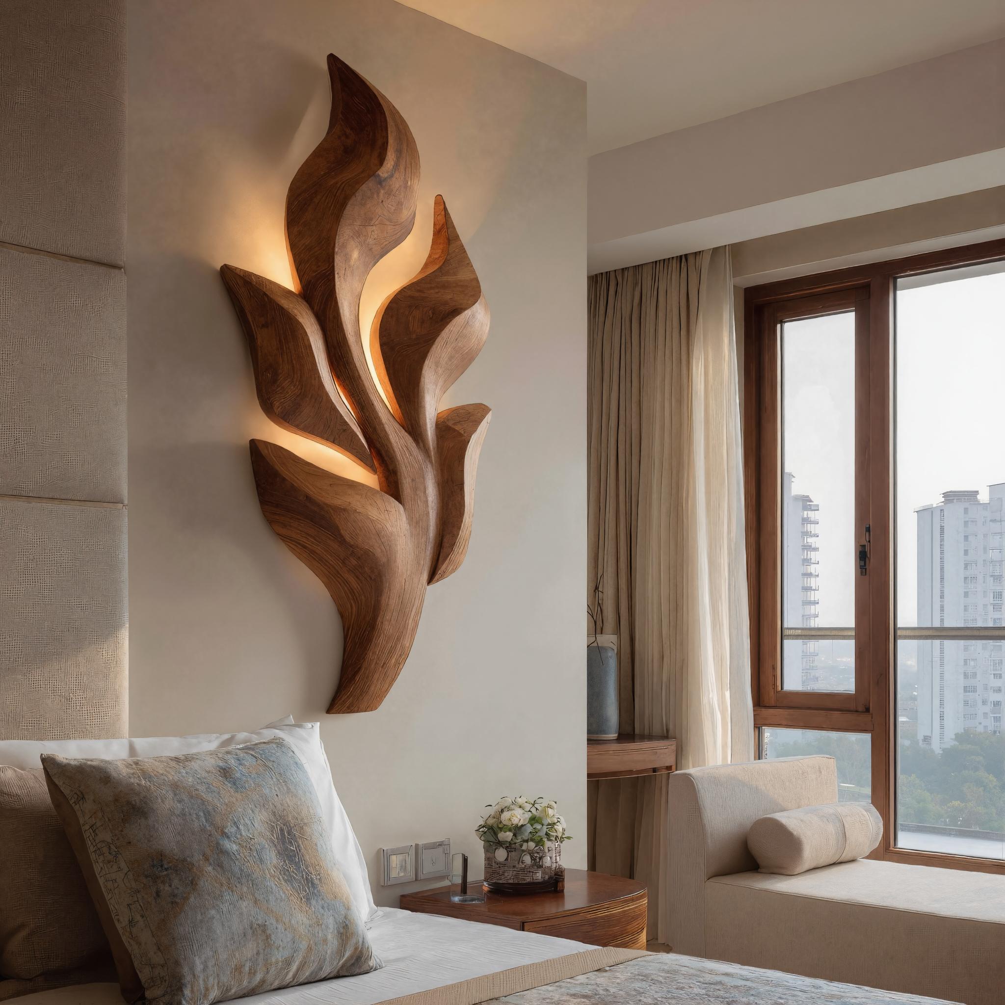 Sculptural Wooden Leaf Wall Lamp With Warm Light For Home RTTHHNWA165