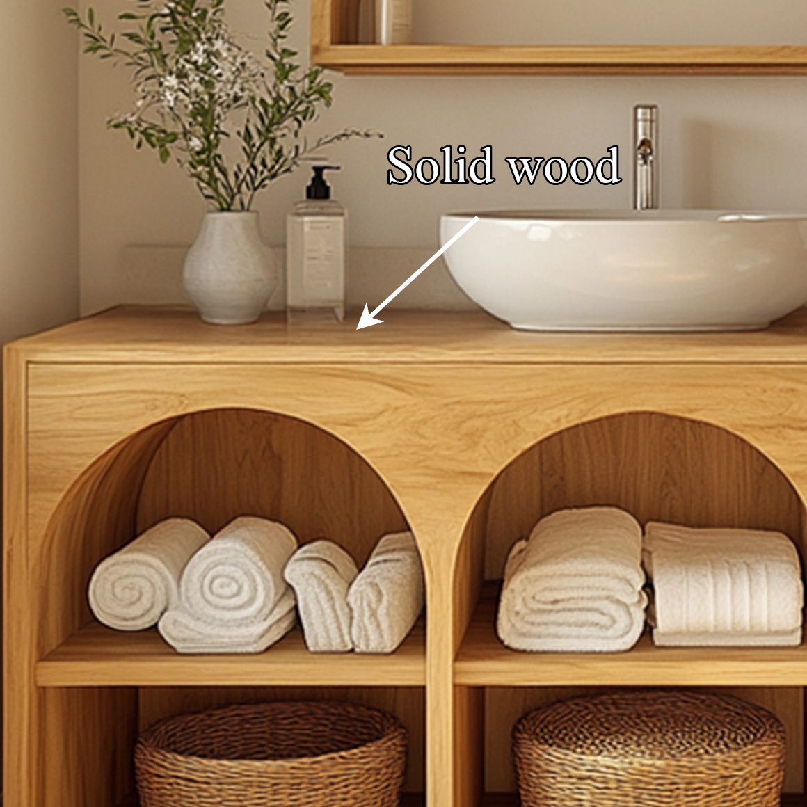 Scandinavian Bathroom Storage Cabinet With Arched Open Shelves And Natural Wood Design For Bathroom SINLSABRV208