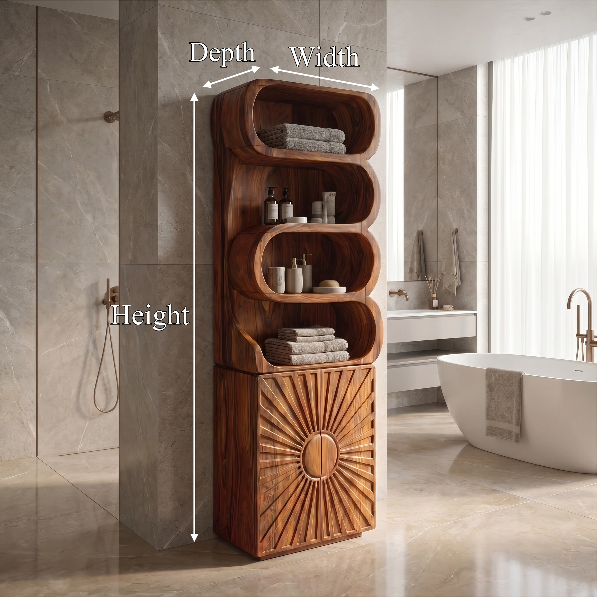 Organic Bathroom Cabinet With Open Shelving And Sculpted Wood Door For Bathroom SINLSABCT025
