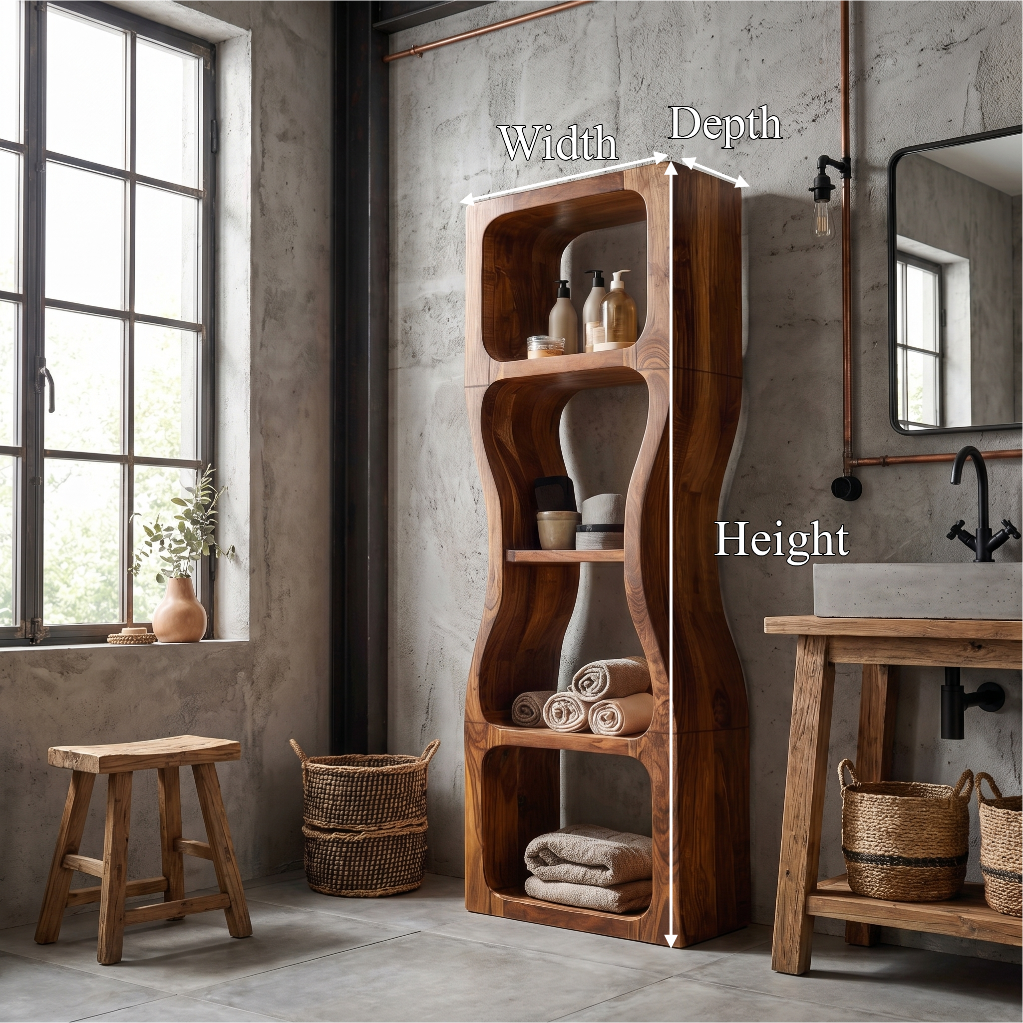 Rustic Modern Bathroom Storage Cabinet With Sculptural Wave Design And Open Shelves For Bathroom SINLSABCT027