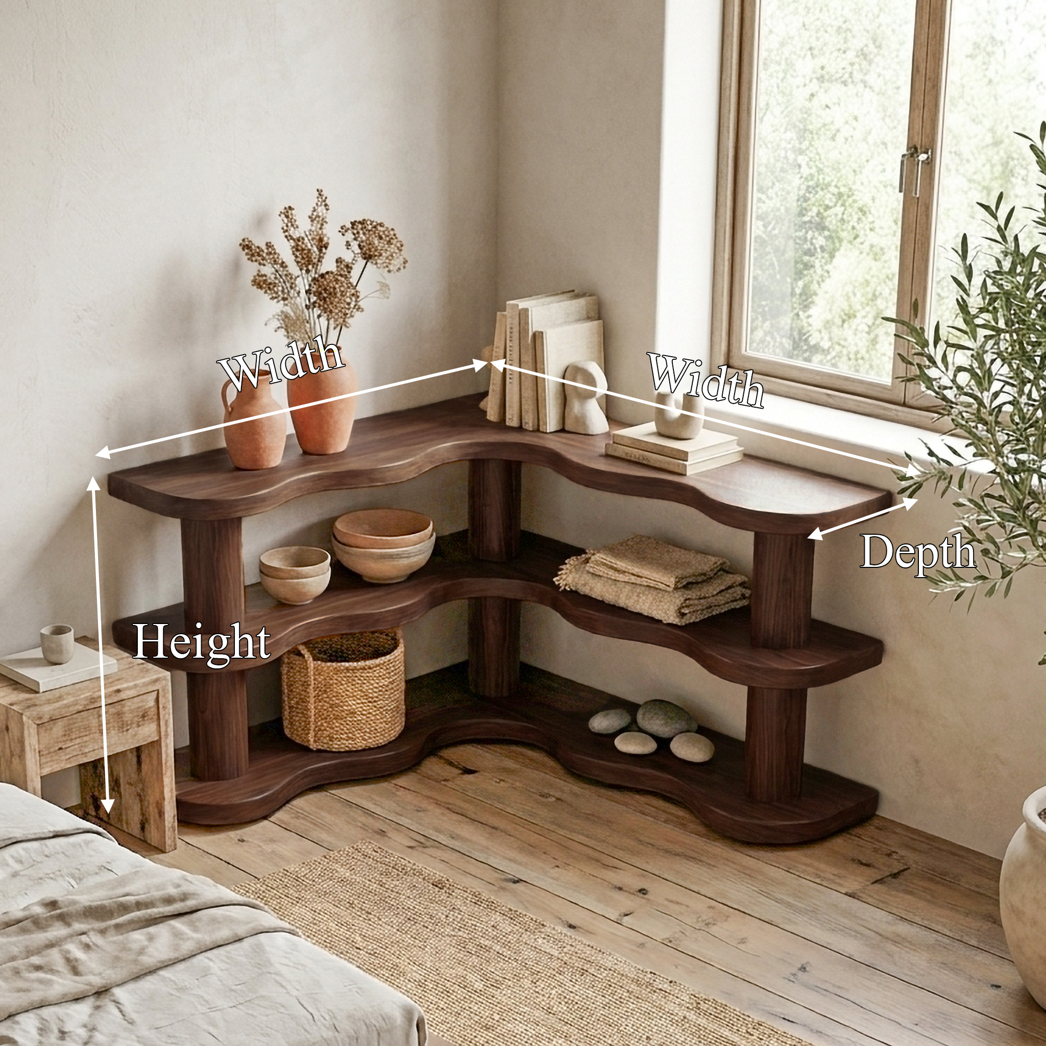 Rustic Modern Corner Bookshelf With Multi Tier Wooden Shelves For Living Room And Bedroom SINLSABS014