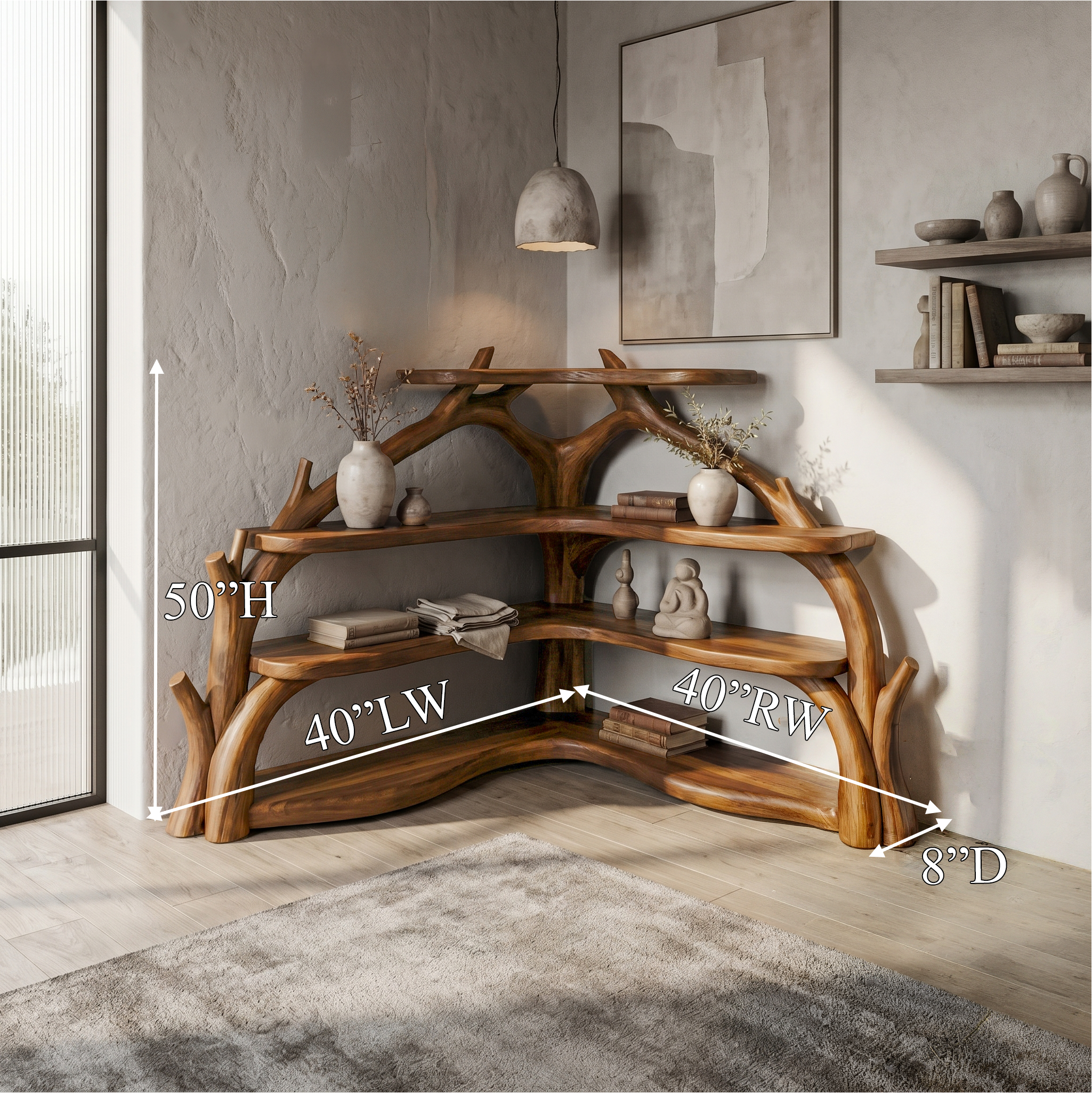 Sculptural Corner Bookcase With Natural Branch Design For Living Room SINLSABS015