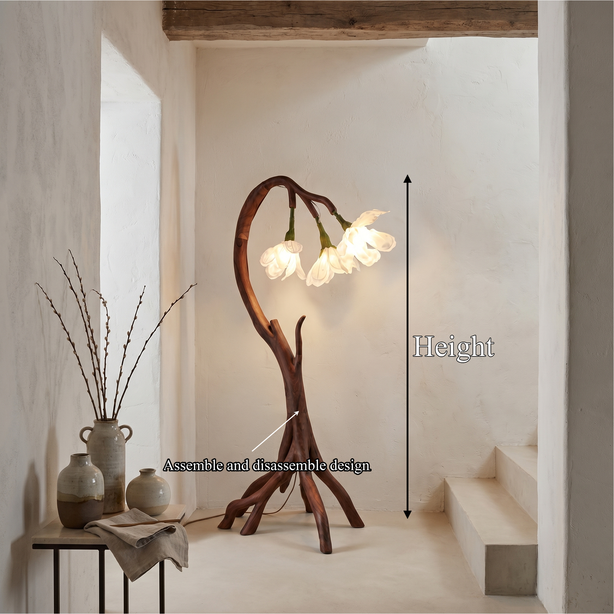 Botanical Flower Floor Lamp With Sculptural Wood Base For Living Room And Bedroom SINLSAFLP070