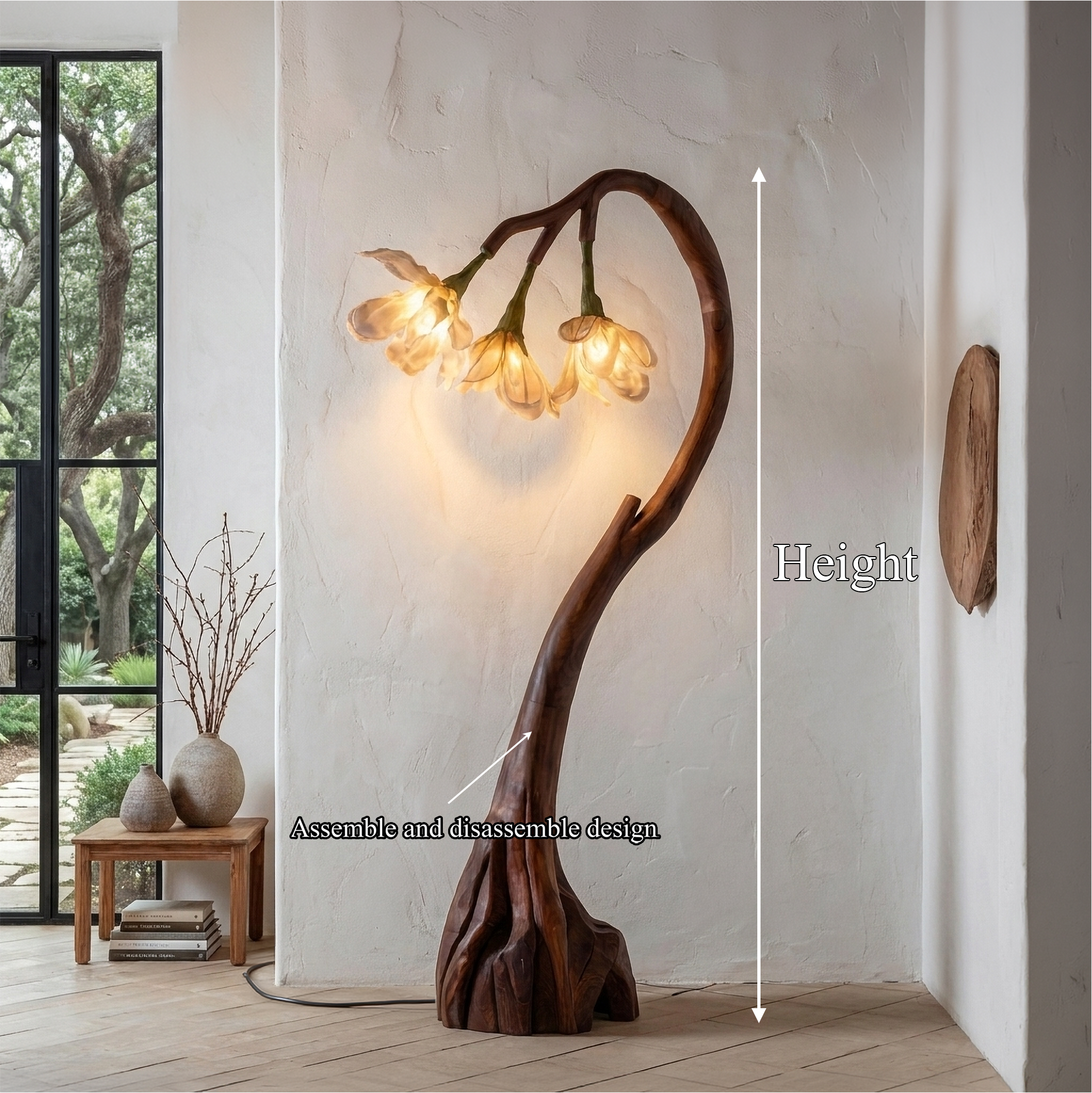 Floral Floor Lamp With Organic Wood Base For Living Room And Bedroom SINLSAFLP071